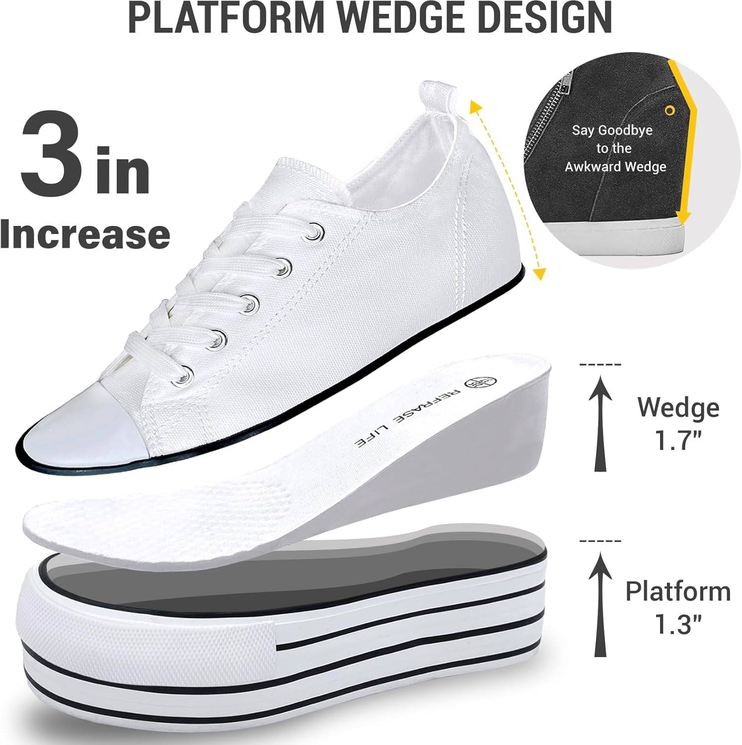 REFRASE LIFE Womens Platform Sneakers with Wedge 3 Inches Height Boost Hidden Heel Shoes, Casual Height Increase Walking Fashion Shoes for Women and Girls - Image 4