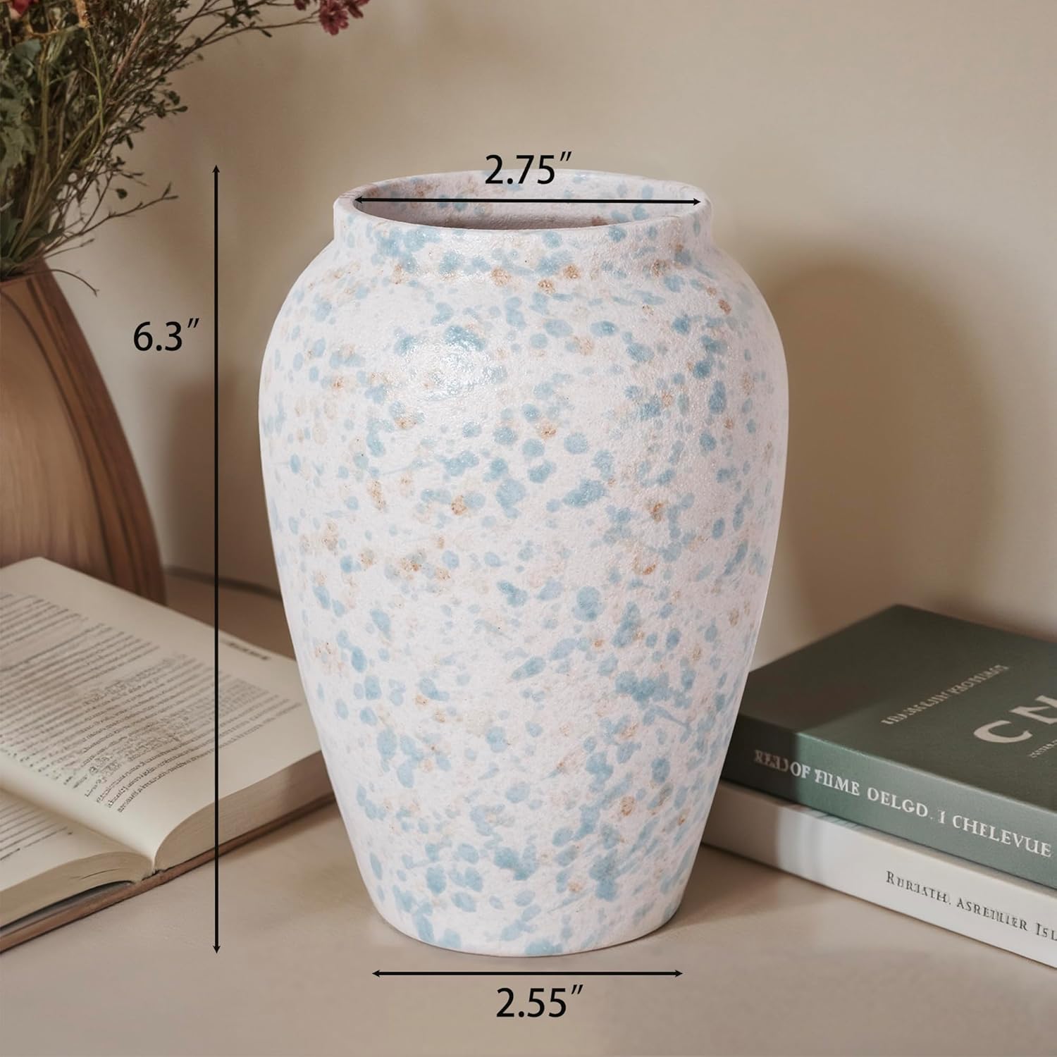 Ceramic Rustic Vase for Home Decor, 6" Tall Dusty-Blue Farmhouse Vase for Living Room, Entryway, Kitchen, Shelf, Table Centerpiece - Image 2