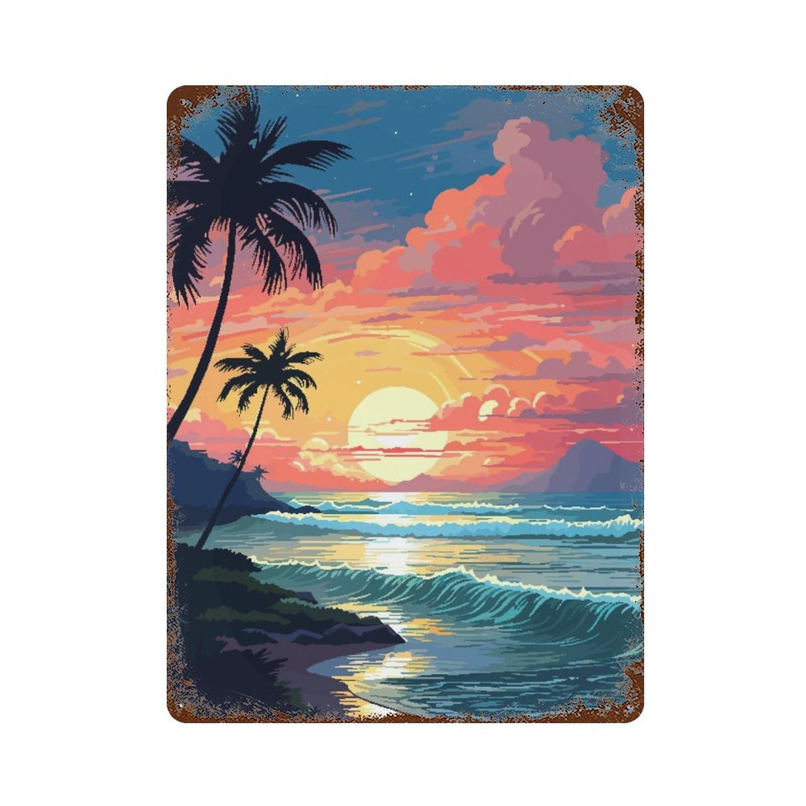 Hawaii Sunset Waves Pixel Decorative Tin Sign 15.7"x11.8", for Bistro, Counter And Cafe Decor, Classic Wall Plaque