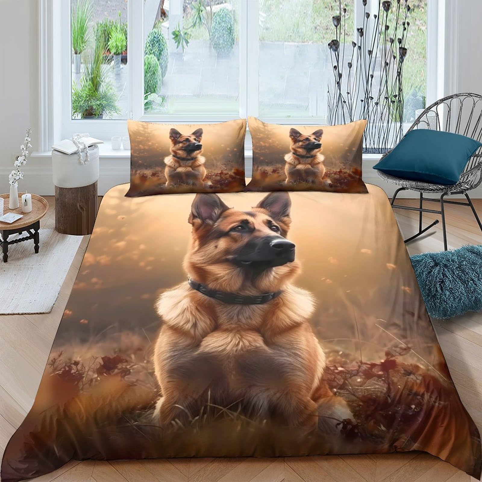 Ctjqhvkz Style-4 3D Printed German Shepherd Dog Fitted Sheet Microfiber Soft Decor Autumn Forest Mattress Cover Bedroom Dorm Single（135X200cm）