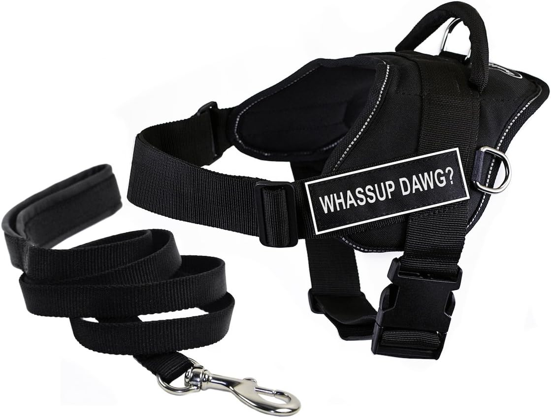 Dean & Tyler Bundle X-Large Black DT Fun Whassup Dawg? Reflective Harness with "Padded Puppy" Leash and 6-Feet Stainless Steel Snap
