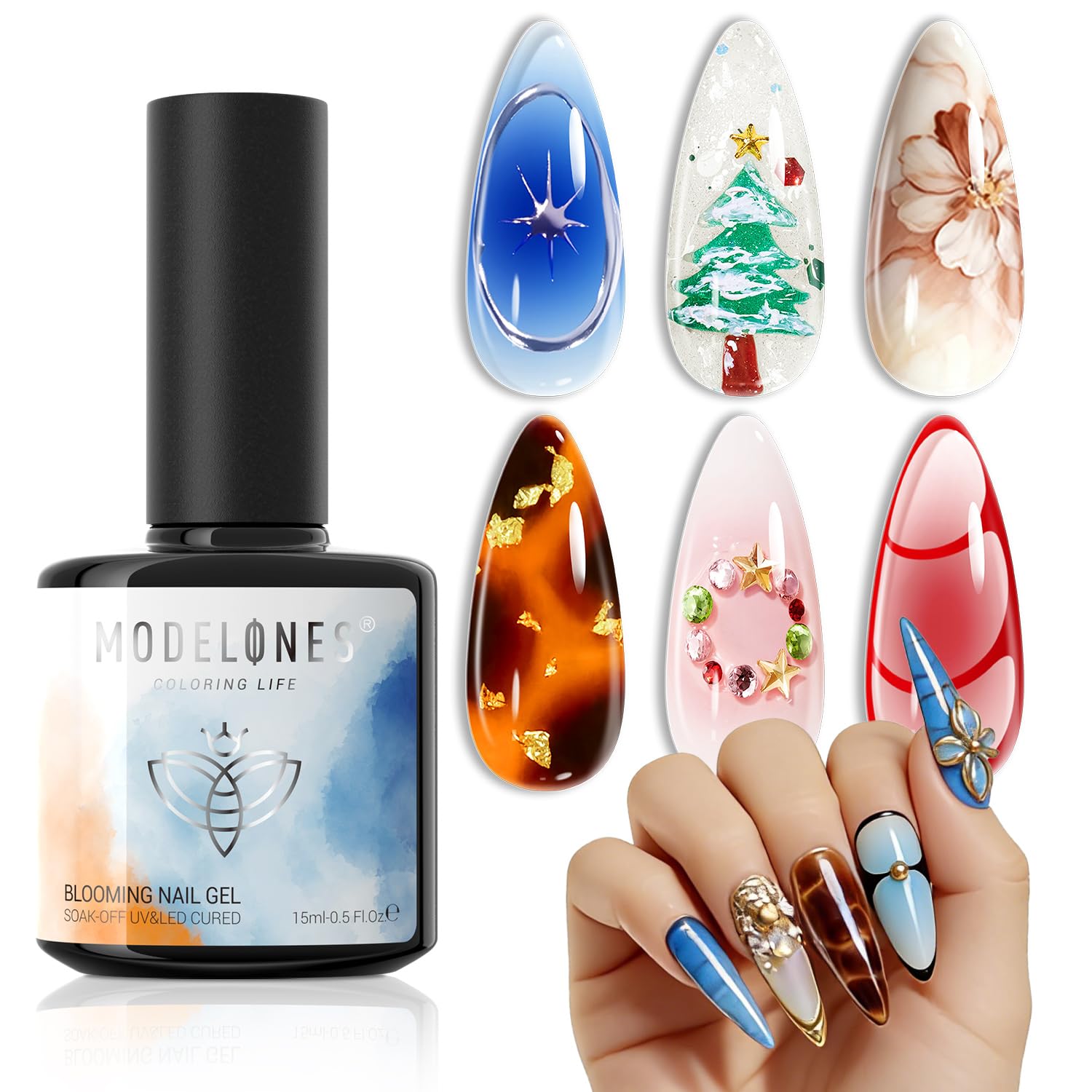 modelones Blooming Gel Nail Polish, 15 ml Clear Nail Art Accessories Stuff for Spreading Effects, Floral Print, Marble, Watercolor Design