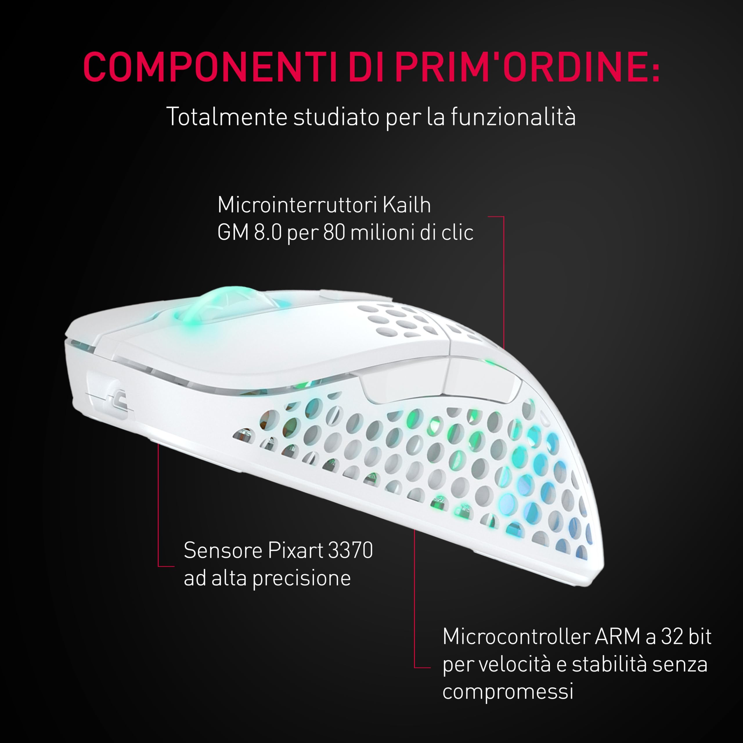Xtrfy M4 Wireless, Mouse da Gioco Ultraleggero Senza Fili, Ottimizzato per Gaming Competitivo, Wireless 2,4 GHz, Illuminazione RGB, Mouse Ergonomico per Destrimani Adattabile Ricaricabile, Bianco