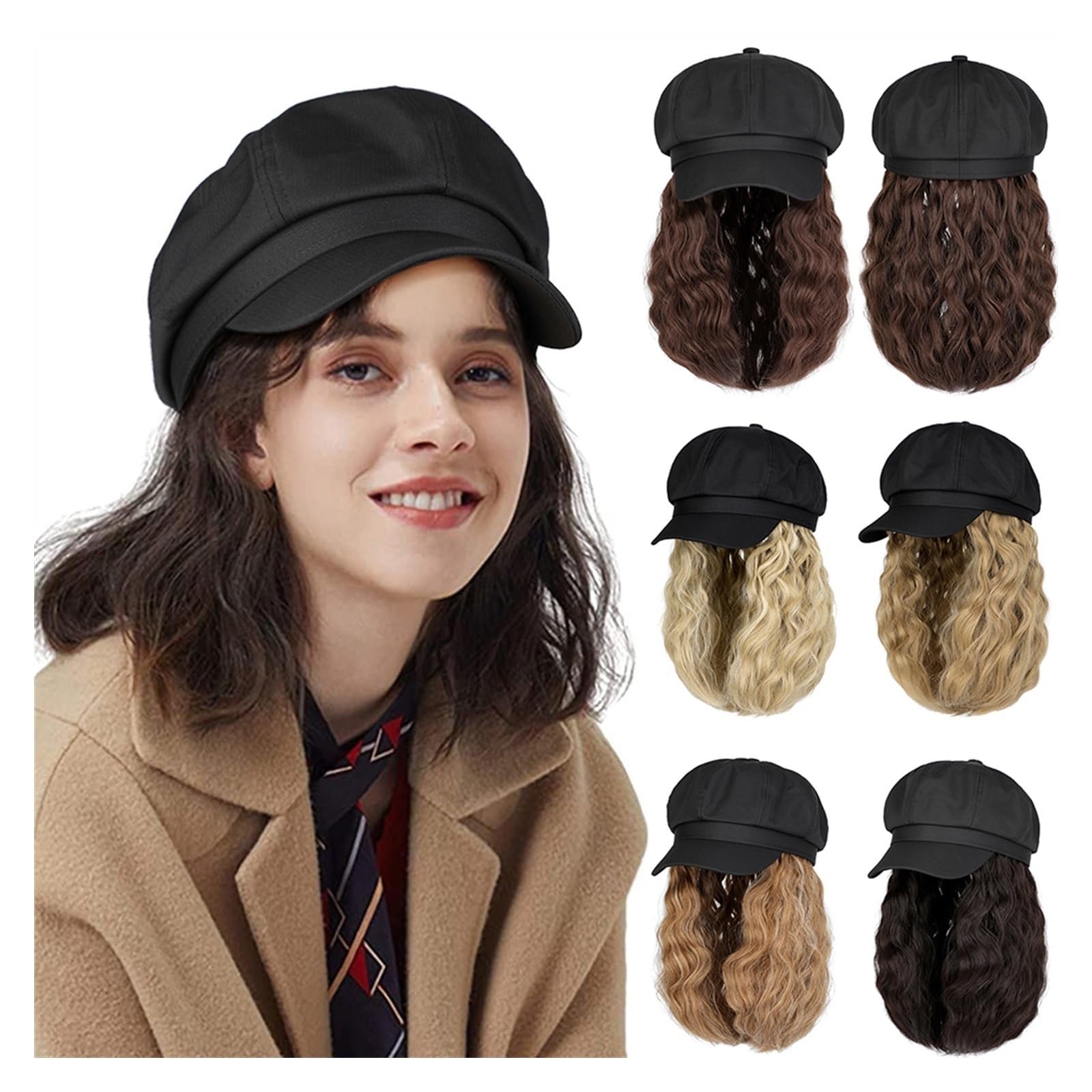 Gorra Calva Peluca de gorra Pelucas sintéticas rizadas onduladas 10 pulgadas Gorra béisbol peluca con pelucas cabello Extensiones Gorro de Pelo(F840 1)