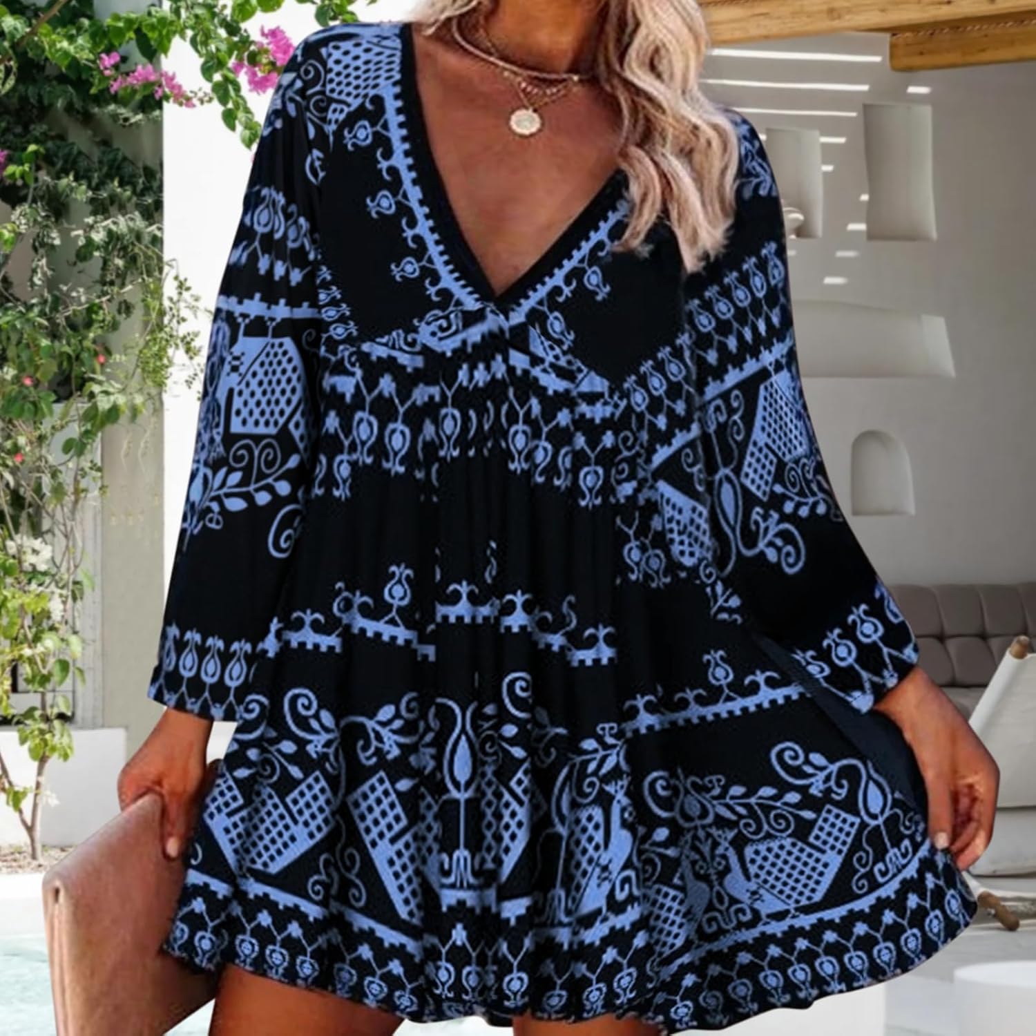 Women's Versatile Short-Sleeve Summer Dress, Ethnic-Inspired Print V-Neck Dress