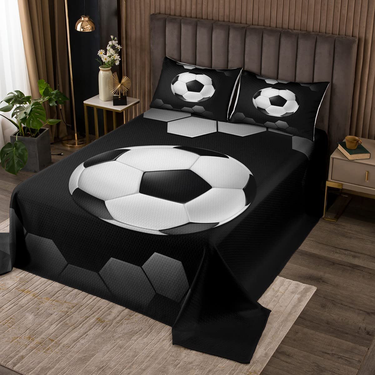 Juego de colcha de fútbol para juegos deportivos, colección de ropa de cama de fútbol, juego de ropa de cama negra para niños, niñas, adultos, tamaño King