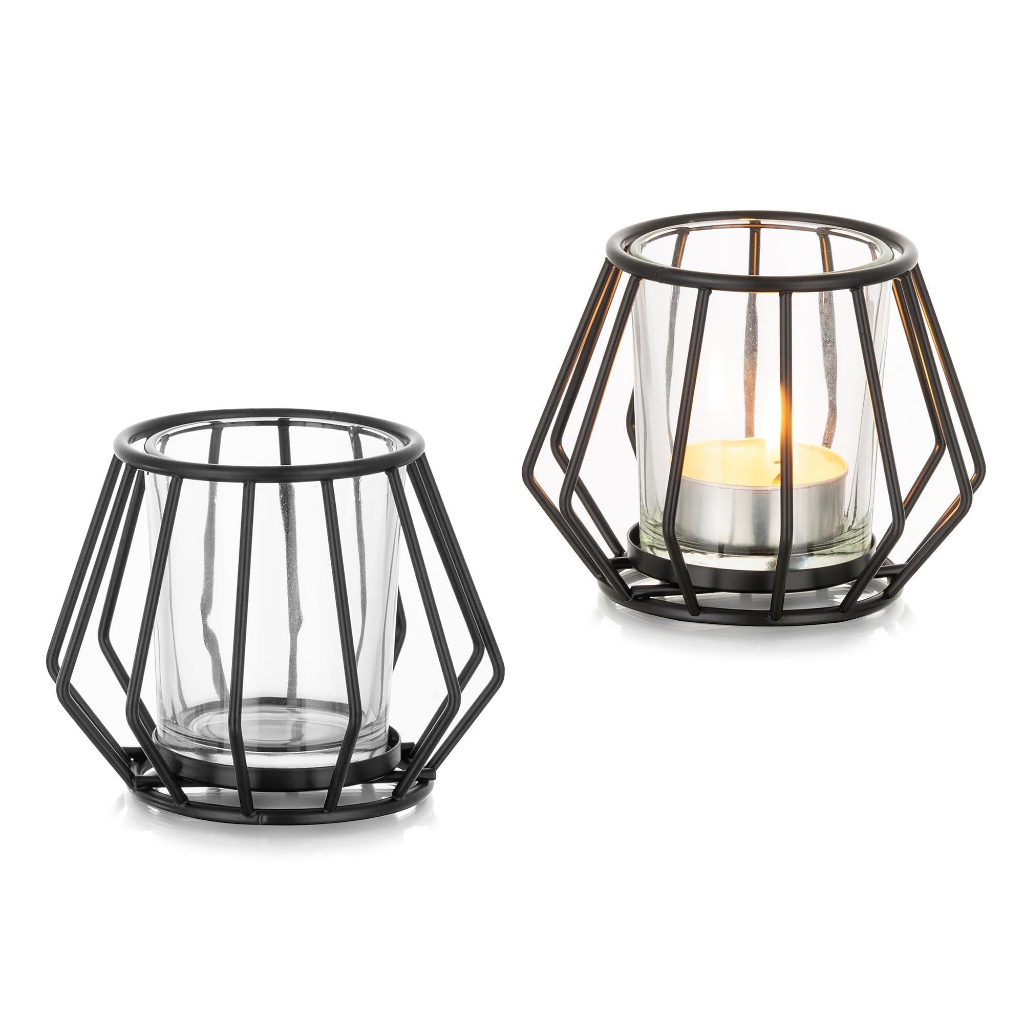 Romadedi Portavelas de té de metal negro, juego de 2 portavelas, pequeño para velas de té, decoración de salón, decoración de mesa, vasos para habitaciones, dormitorios, mesas de comedor, decoración