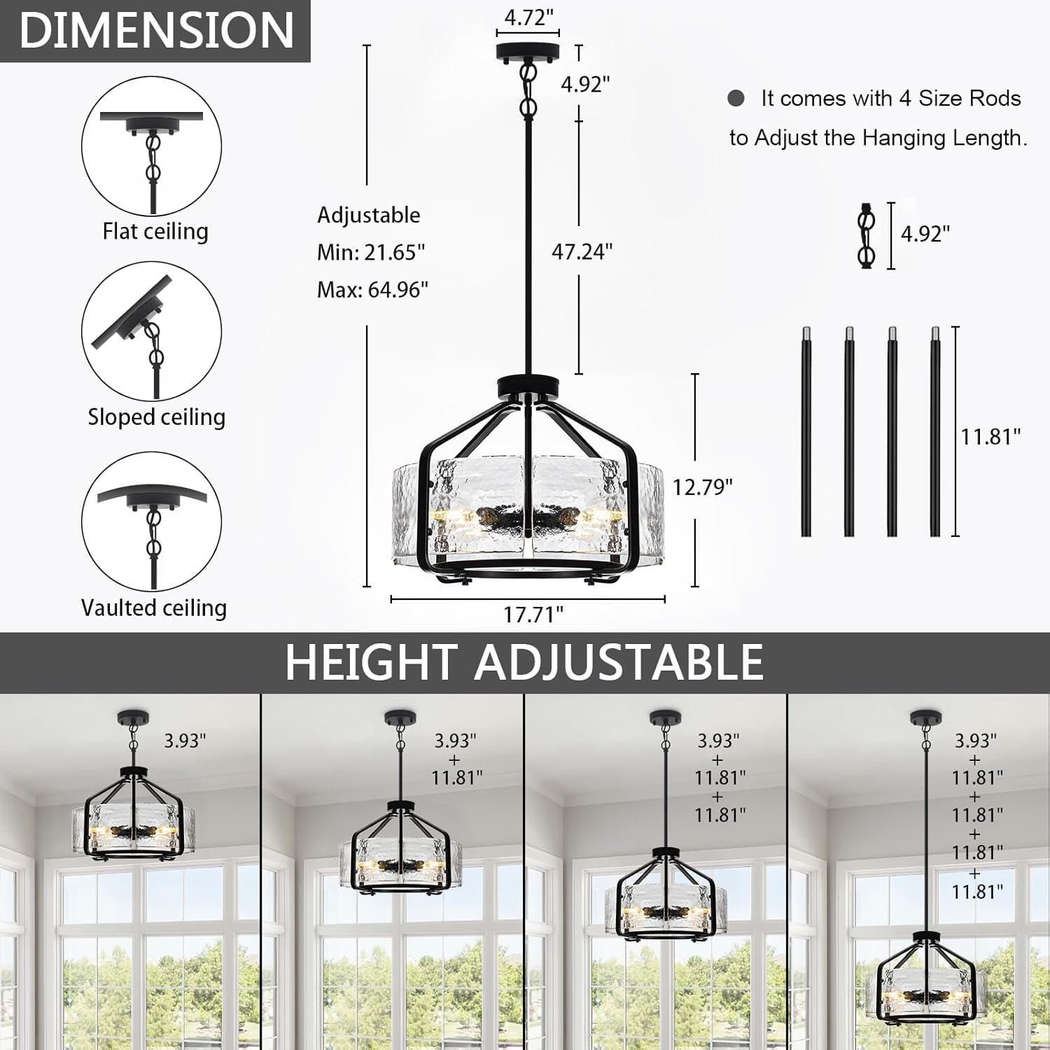 Luupyia 17.7 Inches Glass Drum Chandelier Black, 4Lights Modern Glass Chandelier, Height Adjustable Drum Chandeliers Crystal Pendant Light Dining Room Kitchen Entryway Chandeliers for Foyer