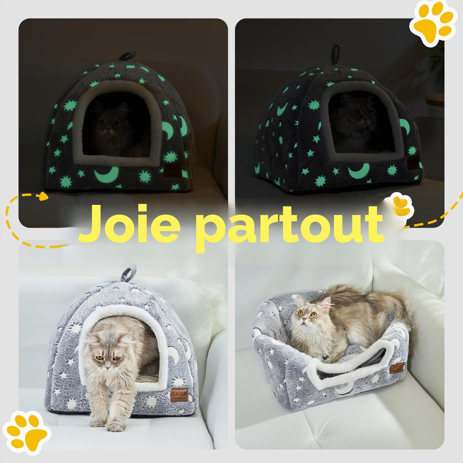 CATISM Lit pour Chat Phosphorescent - Lumineuse Niche pour Chat d’intérieur, Pliable Lavable Maison Chats avec Coussin Amovible, Fond Antidérapant, 40 x 40 x 38 cm