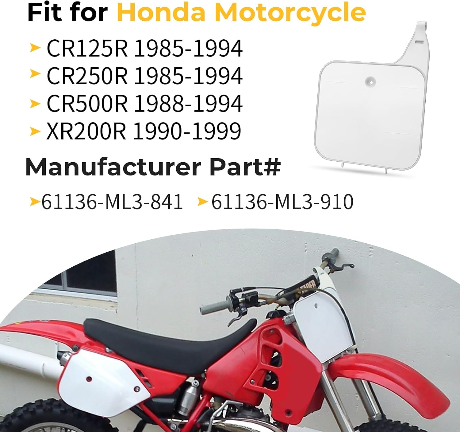 M MATI Front Number Plate Plastic White for Honda Motorcycle CR125R 1985-1994 CR250R 1985-2004 CR500R 1988-2004 XR200R 1990-1999 61136-ML3-841 61136-ML3-910