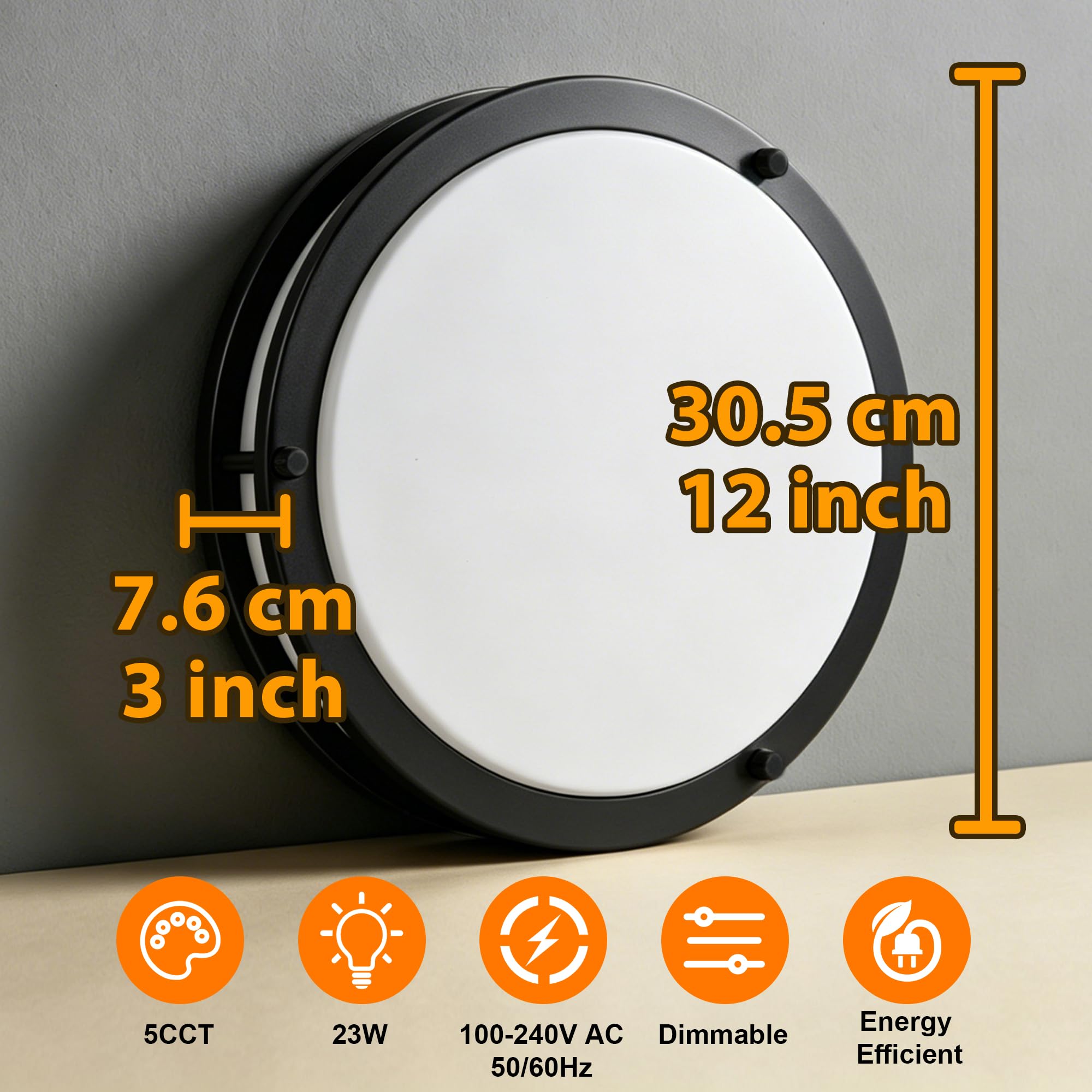 FishBelly Plafonnier LED Noir 30,5 cm pour Entrée, 2700K 3000K 3500K 4000K 5000K, Dimmable, Étanche, Plafonnier LED pour Salle de Bain, Cuisine, Entrée, Plafonnier Rond pour Couloir, 23W, 1400-1650LM