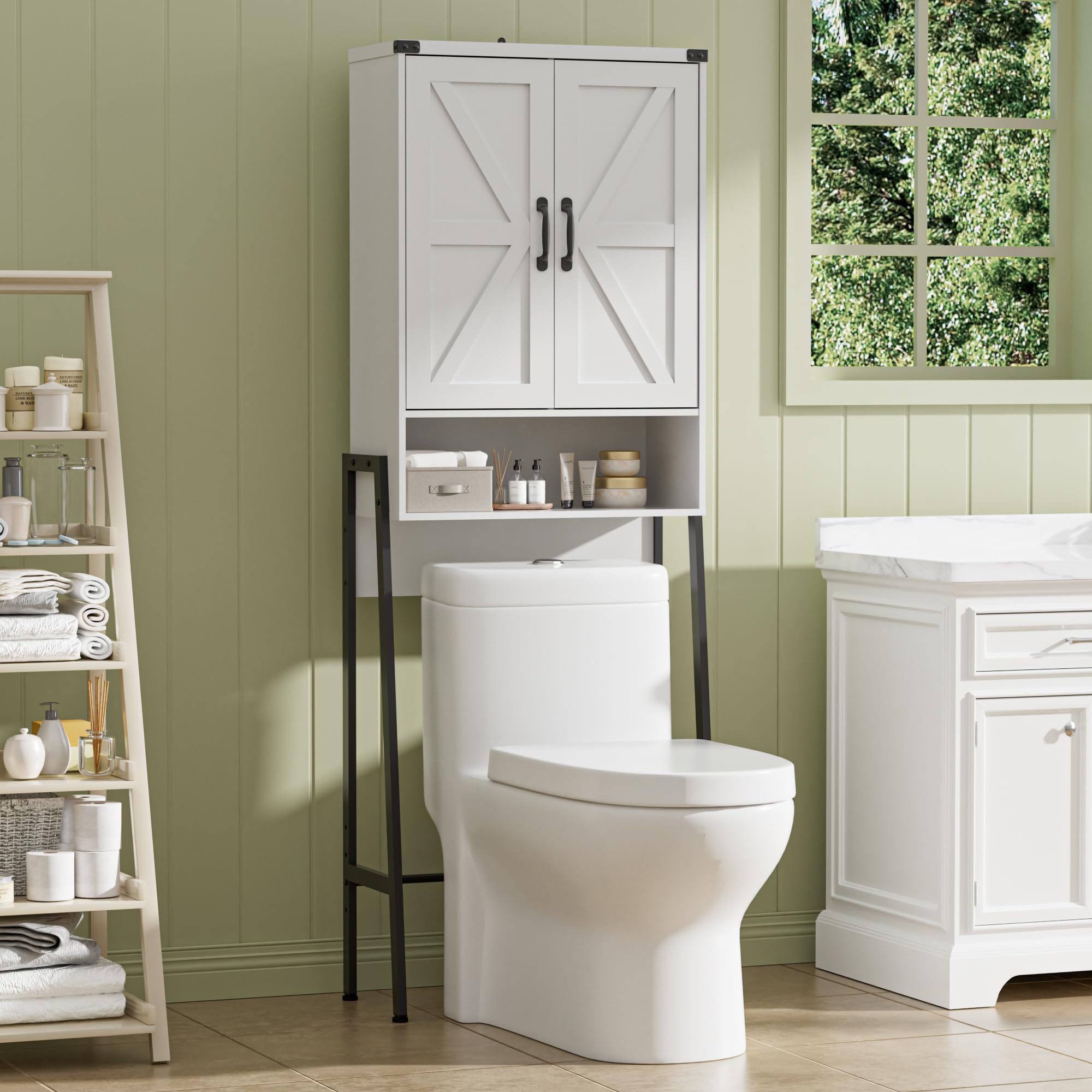BonVache Toilettenregal mit 2 Türen, Badezimmerregal mit Schrank und Offene Fächer, Regalen für kleine Waschmaschinen, Toilettenschrank für Badezimmer, 171x59.6x25.3cm, Mattweiß