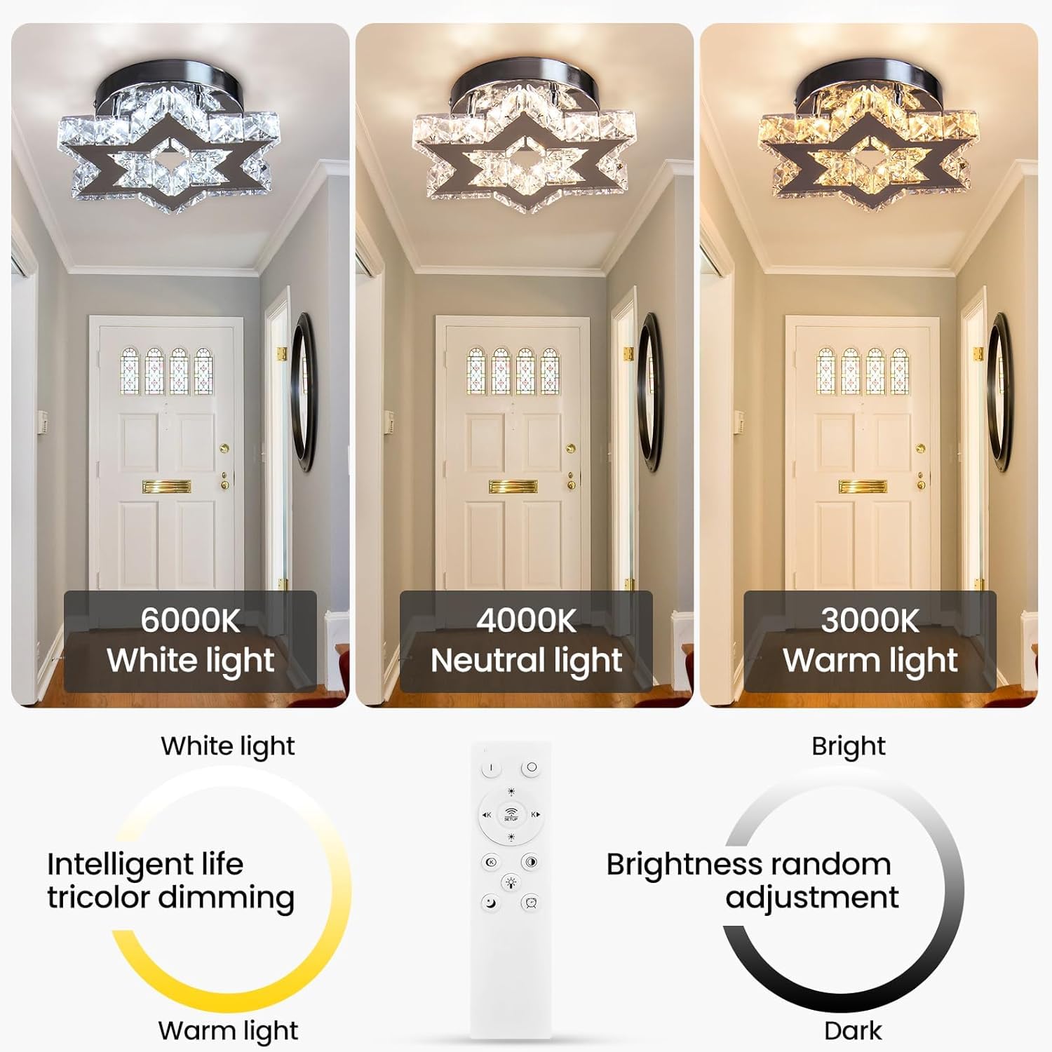 Lustre moderne en cristal à LED avec télécommande Lustre encastré pour entrée, foyer, cuisine, escalier, placard, 3 couleurs ajustables, fonction mémoire
