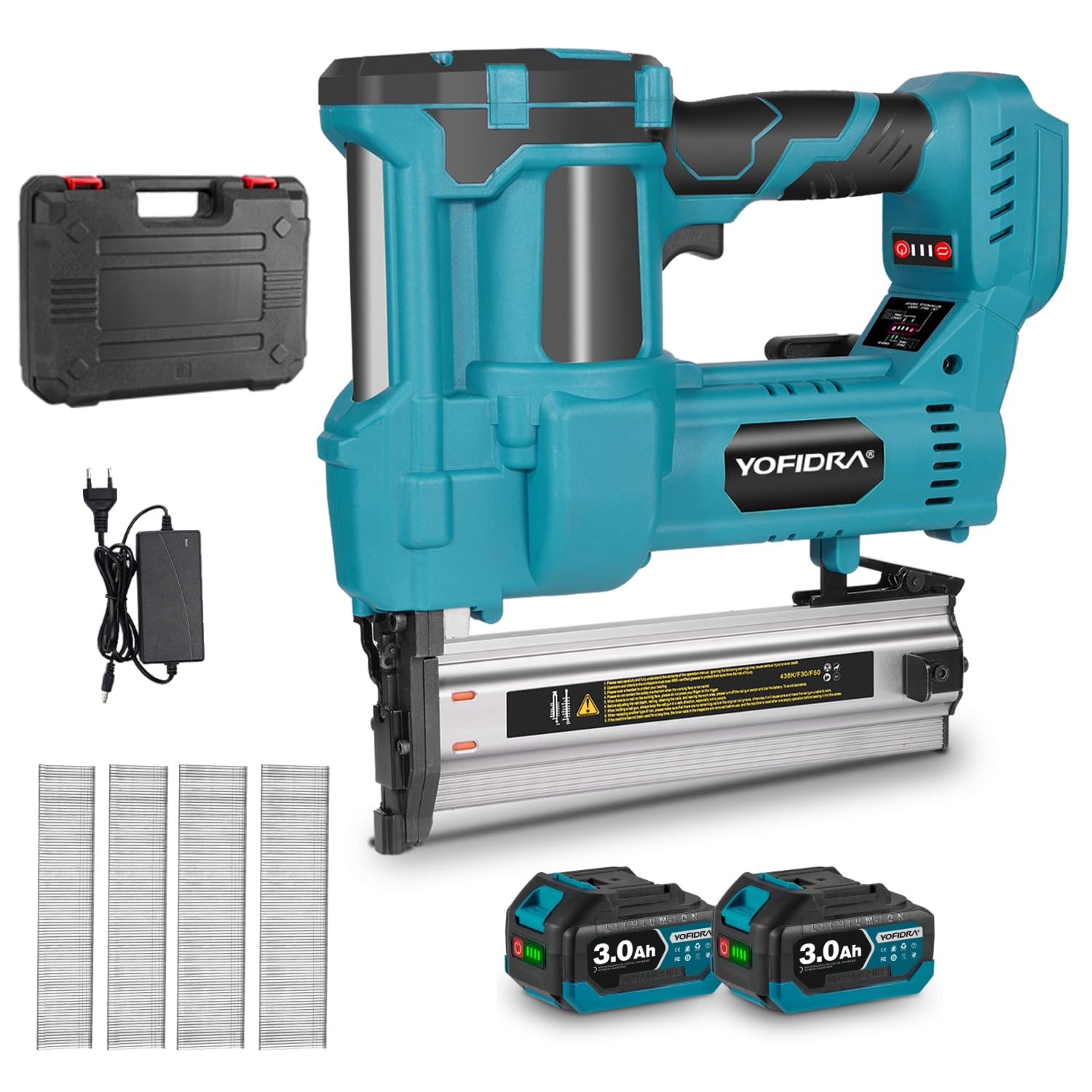 YOFIDRA 2 in 1 pistola chiodatrice a batteria - 20V sparachiodi elettrica con batteria 2x3,0Ah, impostazione della profondità, luce LED, tra cui 300 Brad-Nagel e 100 staffe, graffettatrice per legno