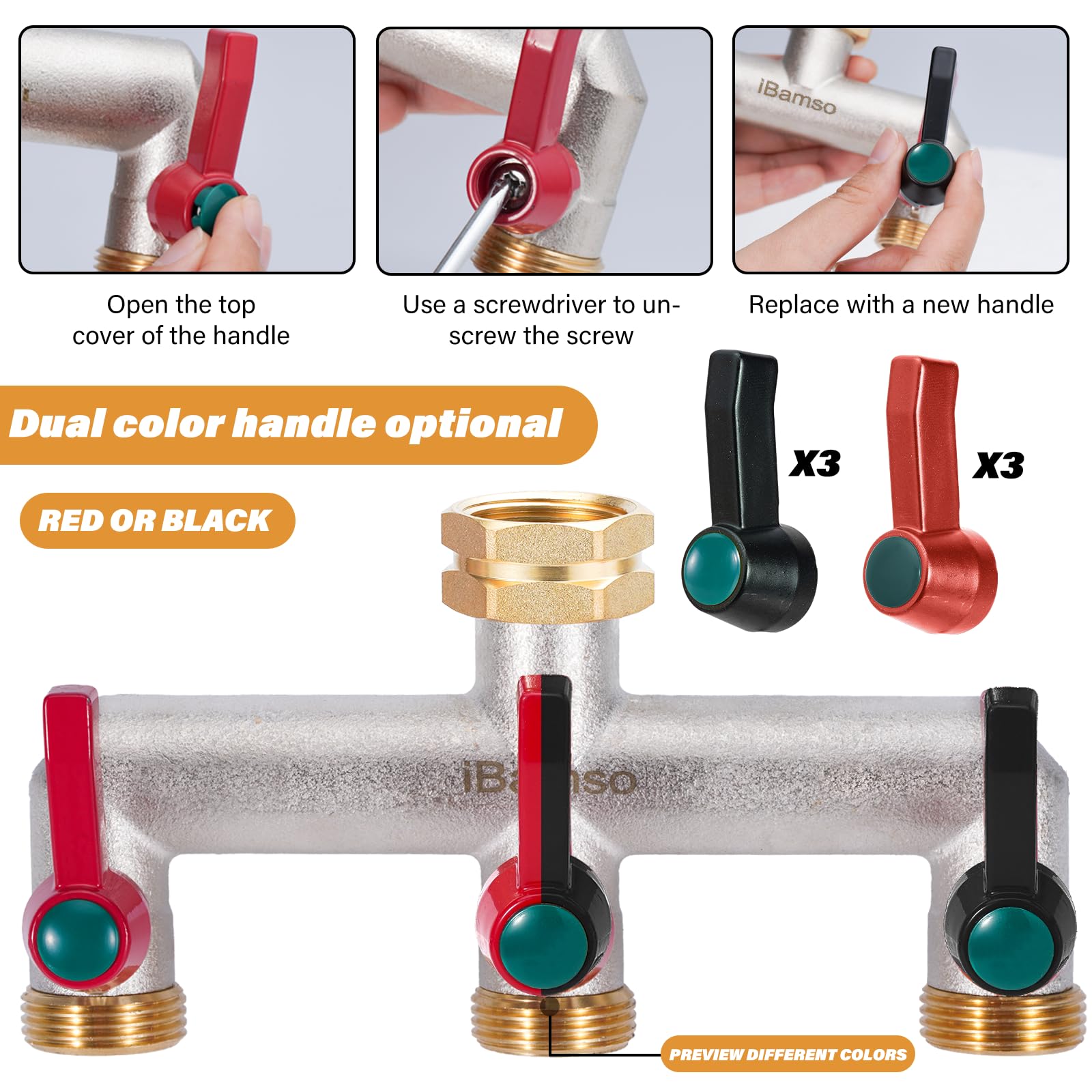 iBamso Brass Garden Hose Splitter, 3/4 Inch 3 Way Tap Diverter High Flow Outlet with Individual Valve and Extended Handle - Image 3
