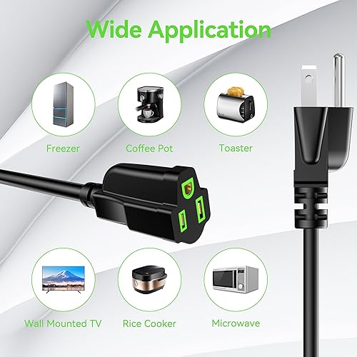 Miniatura 5 de Cable de extensión de alimentación de 3 pies (paquete de 2), 3 clavijas con conexión a tierra para cable de extensión eléctrico, salida única,