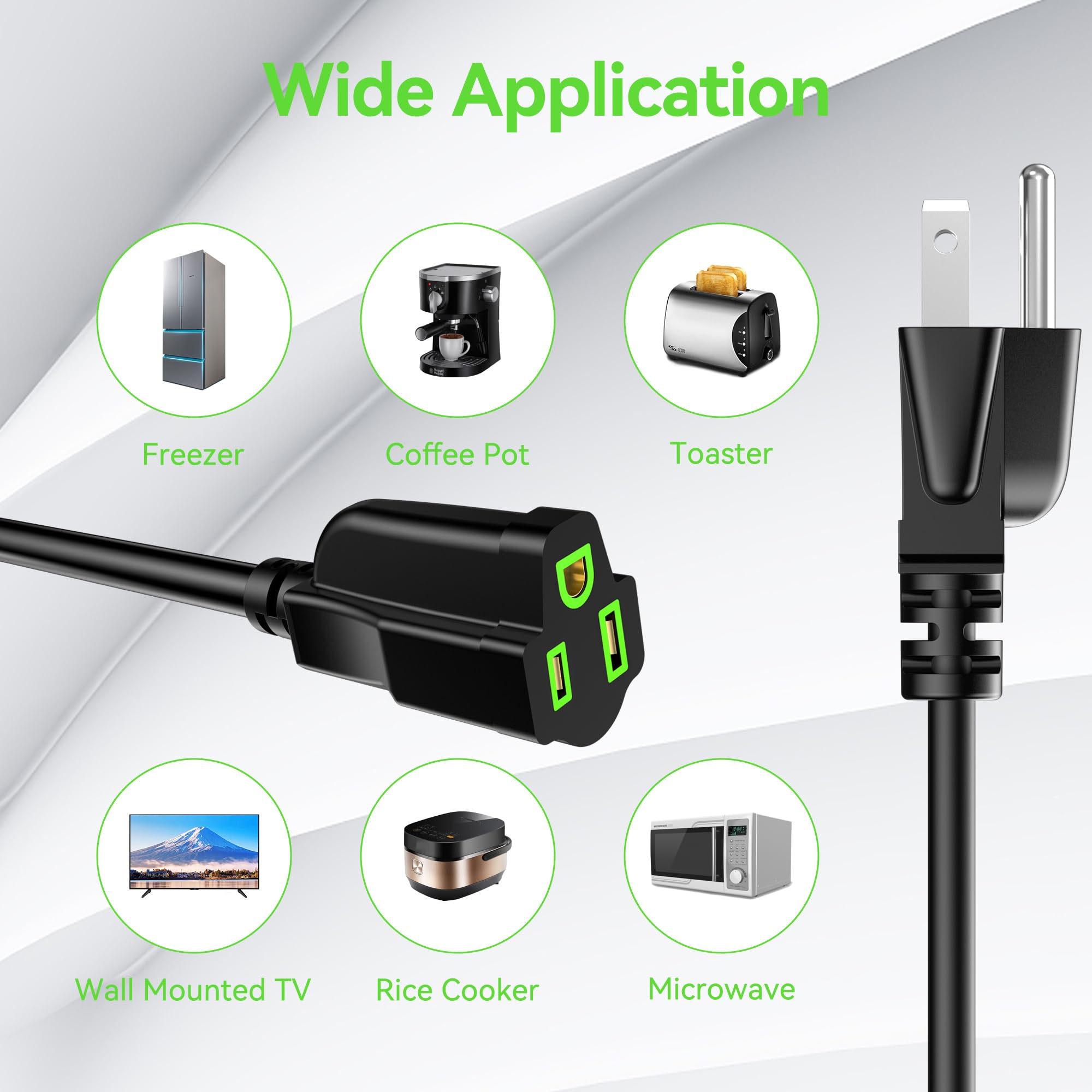 Cable de extensión de alimentación de 5 pies (paquete de 10), cable de extensión eléctrico con conexión a tierra de 3 puntas, cables de alimentación de salida única, para exteriores e interiores