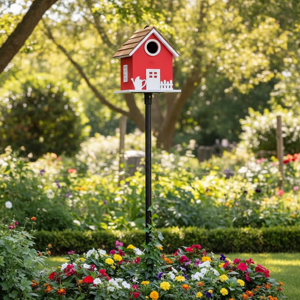 CEDAR ALPHA Vinyl Water Proof Bird House for Outside, Shingle Roof Bluebird House Nesting Box, Squirrel Proof Hanging Birdhouse, 5 Years Weatherable for Outdoor Decoration,Bird Box for Pole (Red)