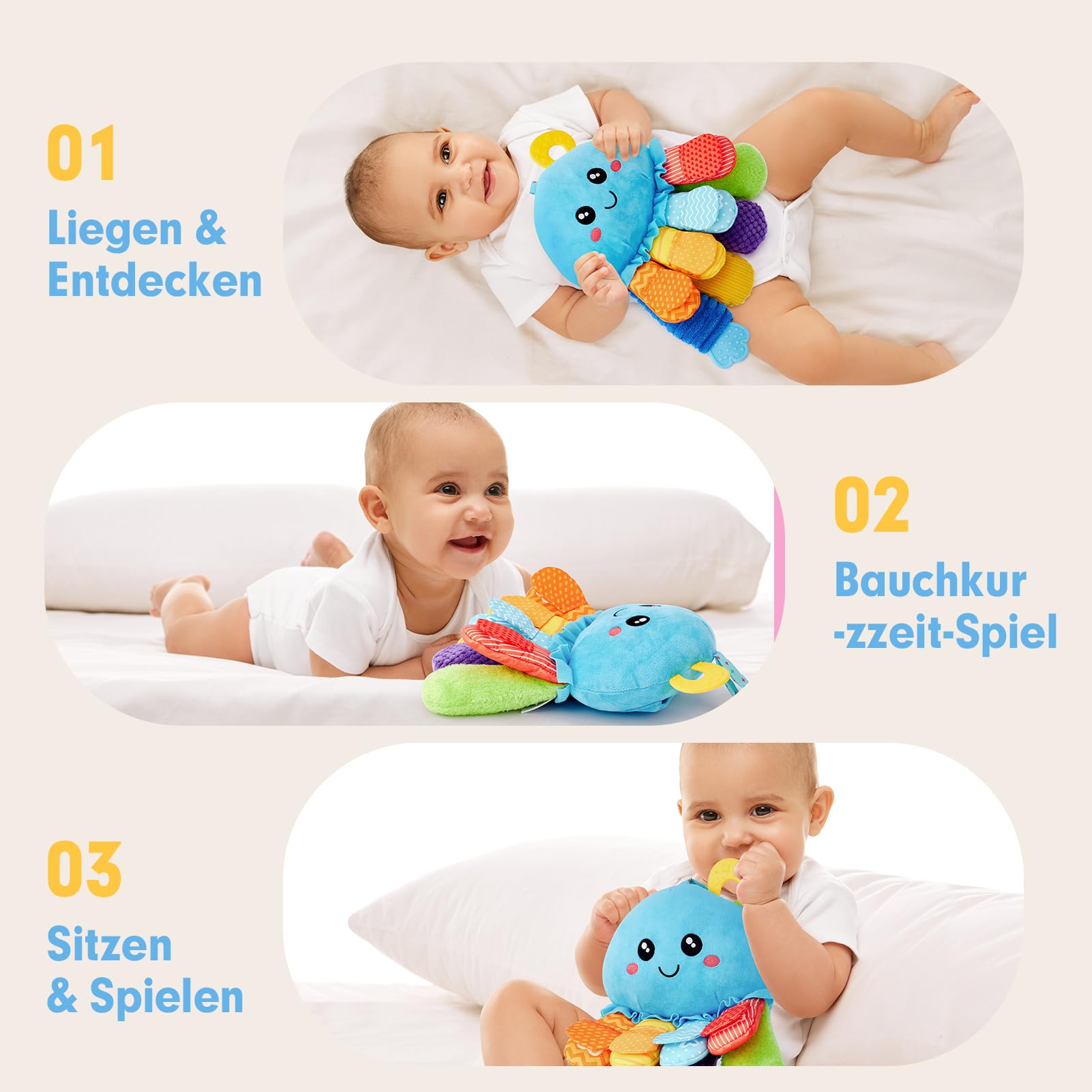 hahaland 2 in 1 Oktopus Baby Sensorik Spielzeug mit Rassel, Spiegel und Beißring, Montessori Greifling ab 0 3 6 Monaten, Neugeborene Geschenk, Bauchlage Spielzeug Tummy Time Toys, Jungen Mädchen
