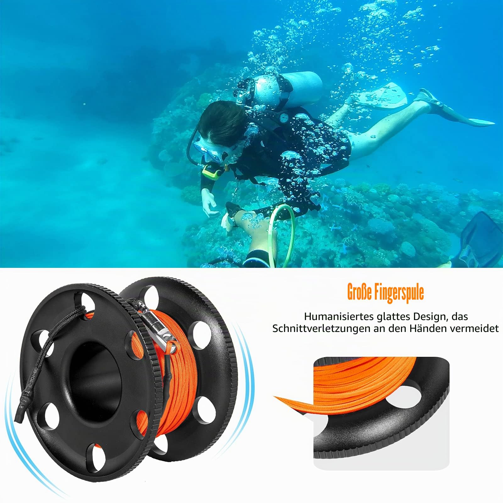 SMB Tauchflächenmarkierungsboje (SMB), Signalrohr-Sicherheitswurst mit 30 m Aluminiumspule und doppelendigem Hakenclip für Unterwasser-Tauchen, Schnorcheln (1,5 m, Orange SMB + schwarze Spule)