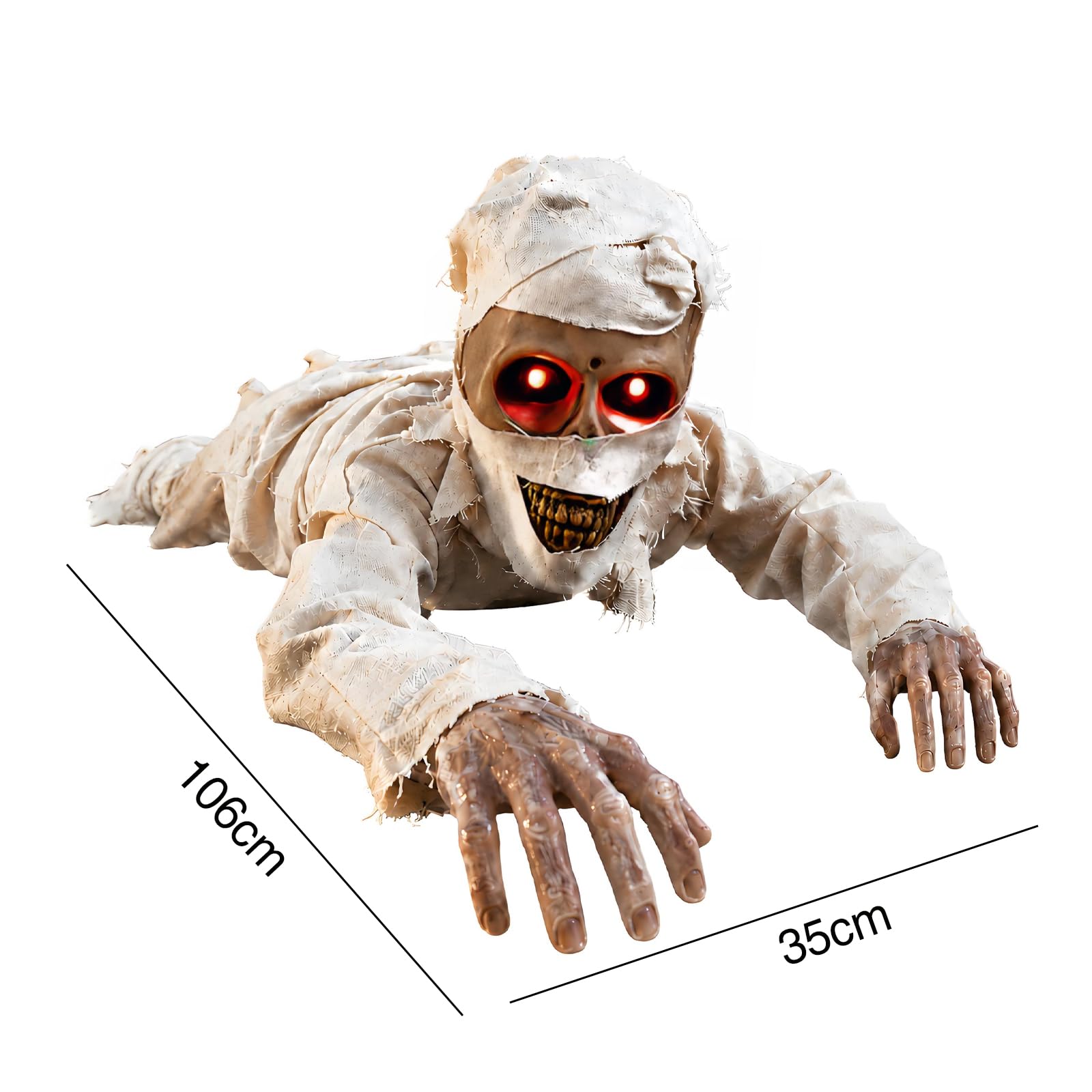 Momie Halloween Animée Qui Rampe, Décoration Maison Hantée avec Yeux Rouges LED et Sons Effrayants, Accessoire Déco Horreur Extérieur Intérieur Jardin Fête, Grande Taille 106 cm (White)