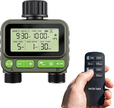 RF Remote Controlled Water Timer 2 Zone   Dual Outlet Garden Hose Irrigation Controller | IP65 Waterproof | 60m Range | 4 Programs | Rain Delay & Child Lock | Lawn, Garden & Allotment