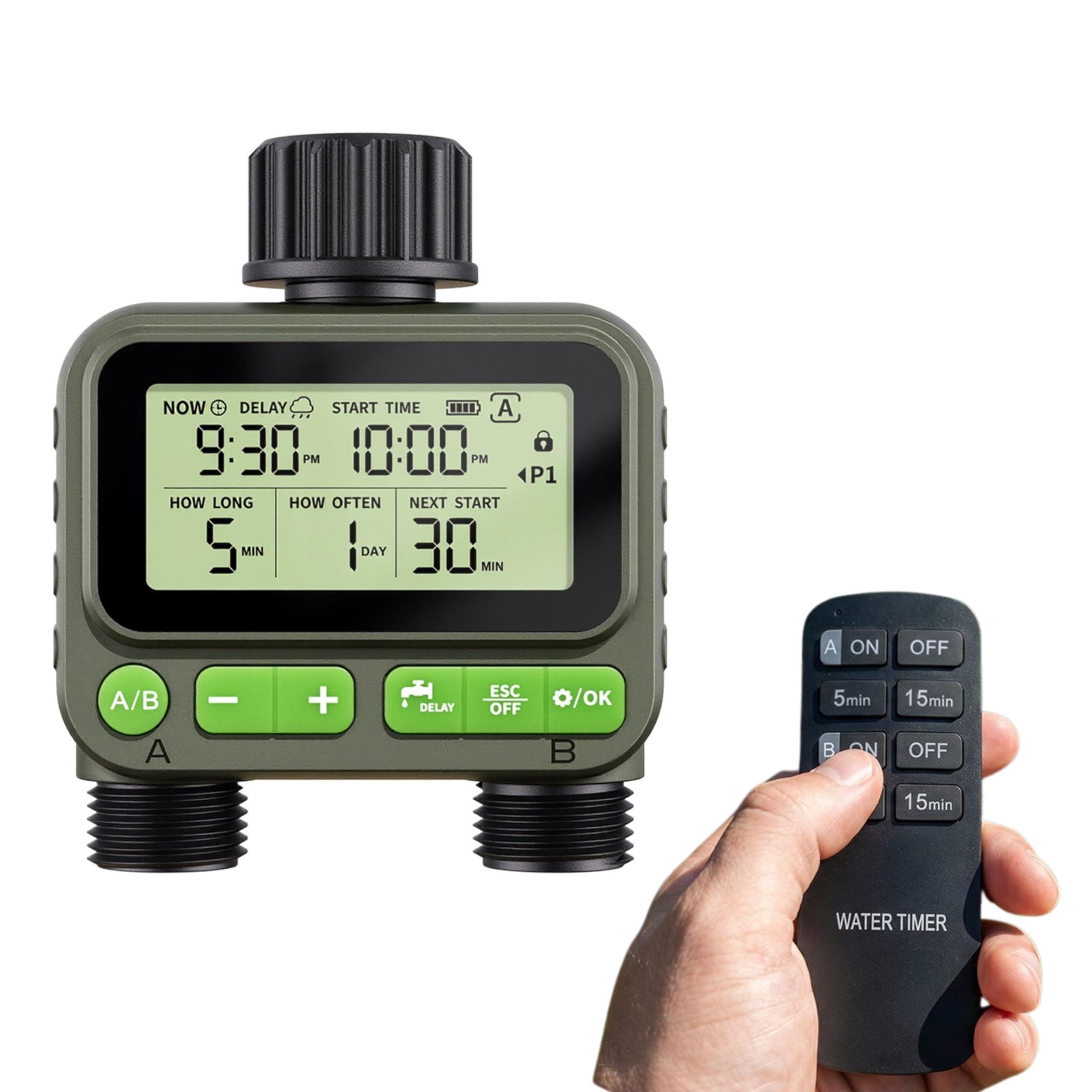 RF Remote Controlled Water Timer 2 Zone – Dual Outlet Garden Hose Irrigation Controller | IP65 Waterproof | 60m Range | 4 Programs | Rain Delay & Child Lock | Lawn, Garden & Allotment