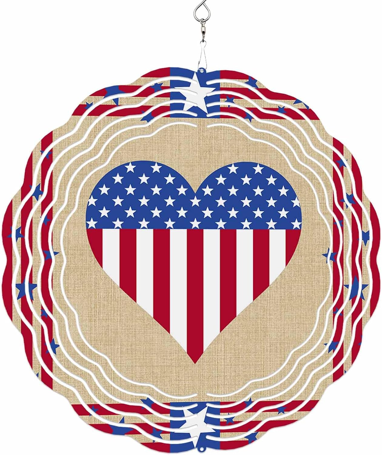 Flag Day Freedom Star and Stripe Wind Spinner for Garden Yard 3D Stainless Steel Hanging Wind Spinners, Patriotic Love Heart on Burlap Spinners Outdoor Metal Decor for Lawn Patio Home