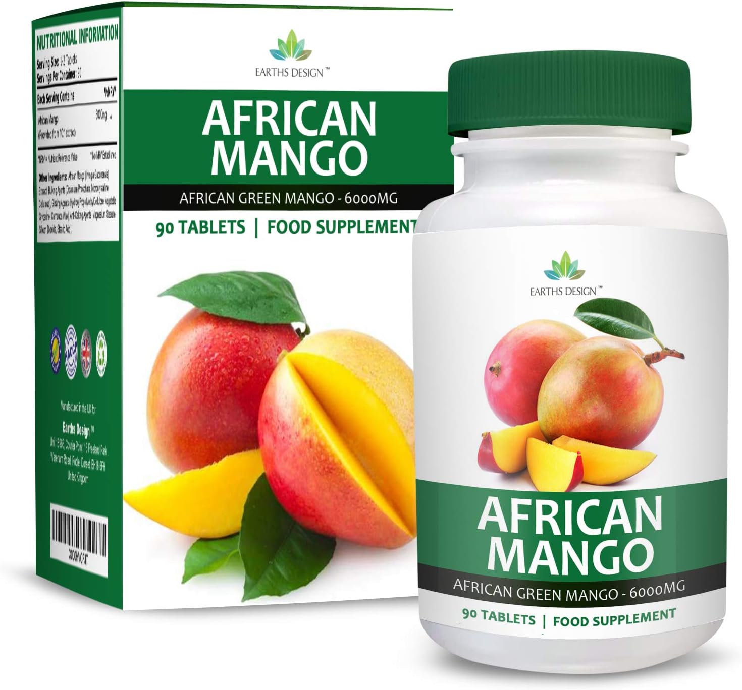 African Mango - 6000mg Pure Irvingia Gabonensis Extract - Maximum Strength Green Mango Supplement for Men & Women - Suitable for Vegetarians- 90 Tablets (3 Months Supply) Vegetarian by Earths Design