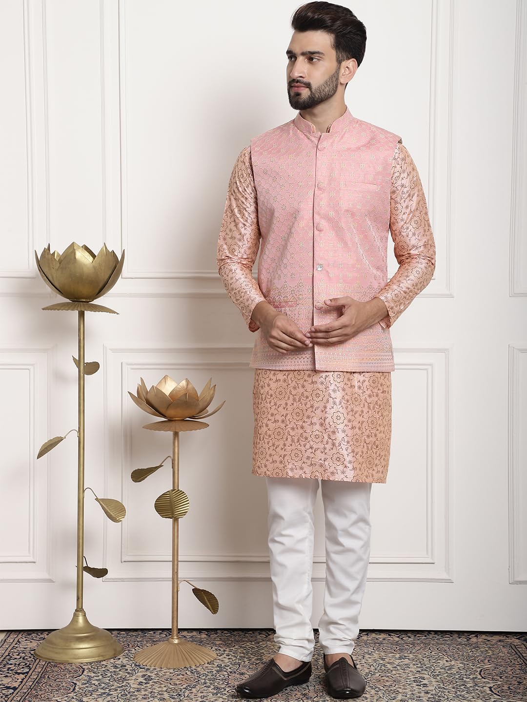 Sojanya (Since 1958 Men's Silk Blend Print Pink Kurta And Off-White Pyjama With Pink Nehrujacket