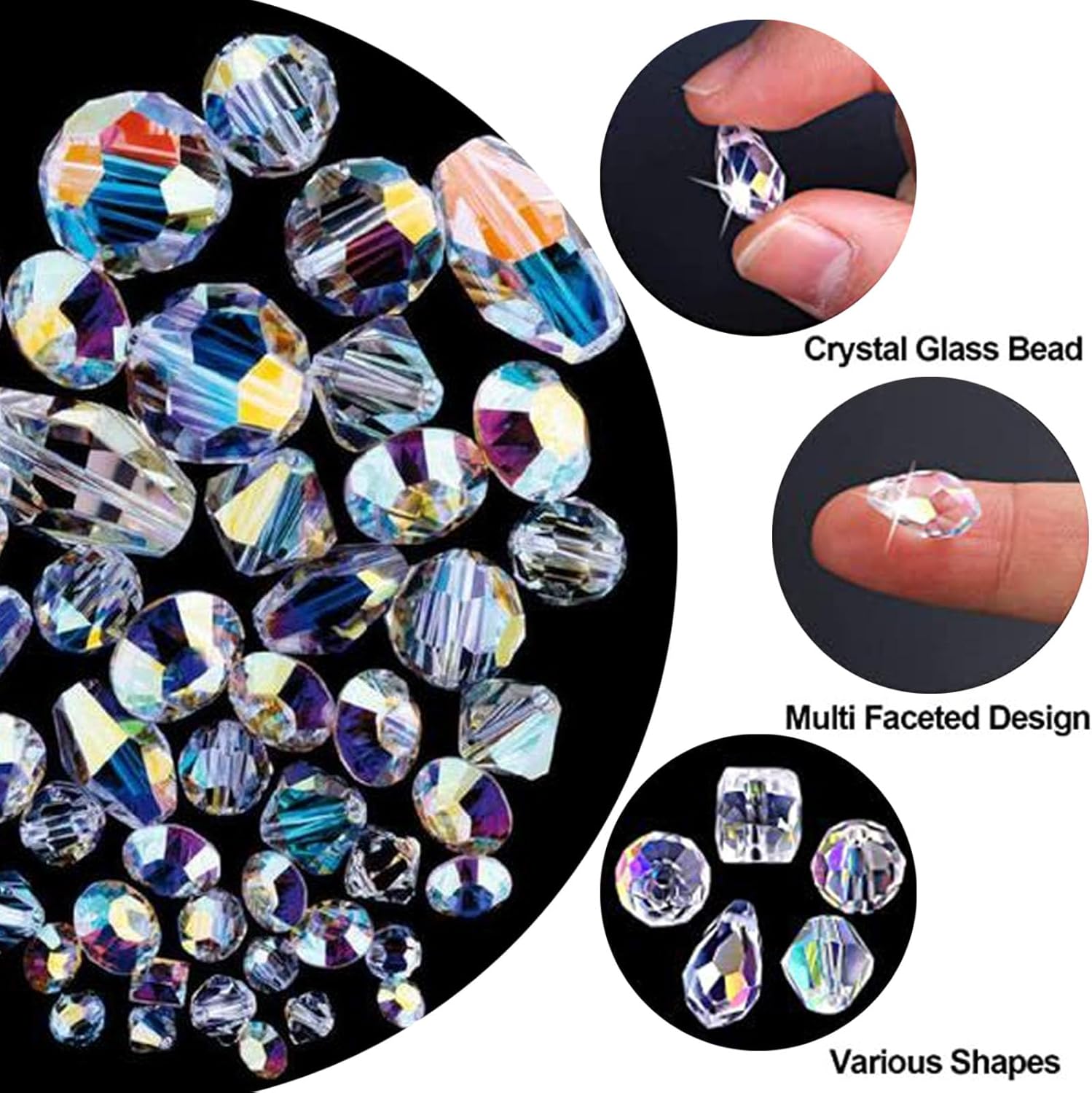 1200個 クリアガラスビーズセット、ラウンドクリスタルガラスビーズ、ミックスカラーガラスビーズ付き、ルーズガラススペーサービーズ、