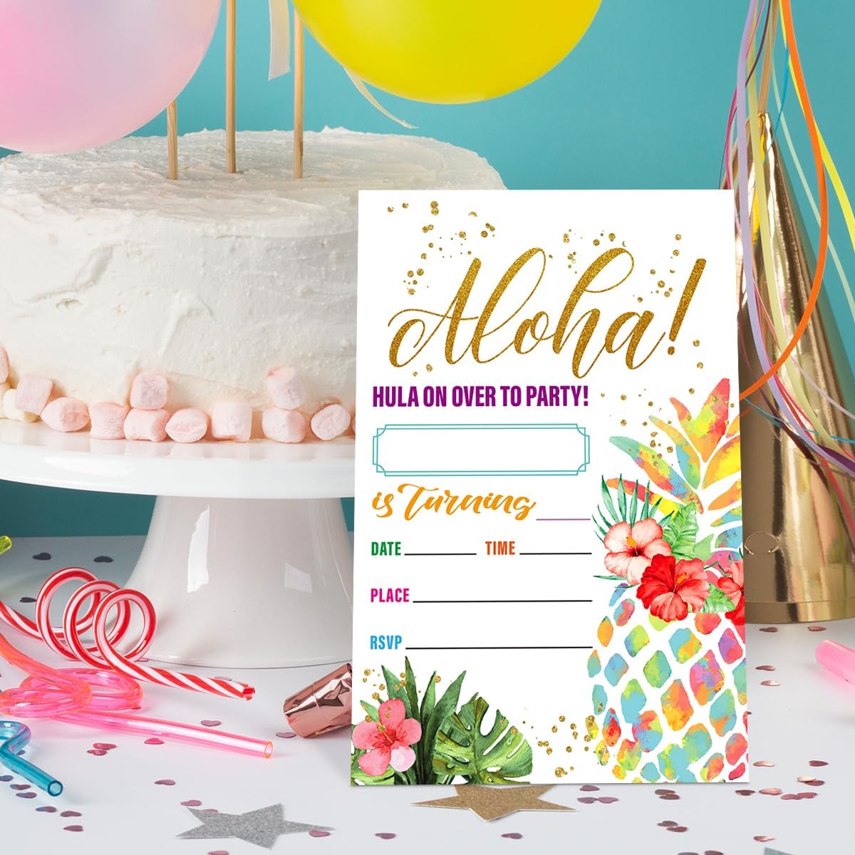 Birthday Invitations Luau Party for Girl with Envelopes, Summer Tropical Birthday Party Invites, Hawaiian Aloha Birthday Invite Pineapple Cards, Hula on Over to Party, 4"x6" Set of 20
