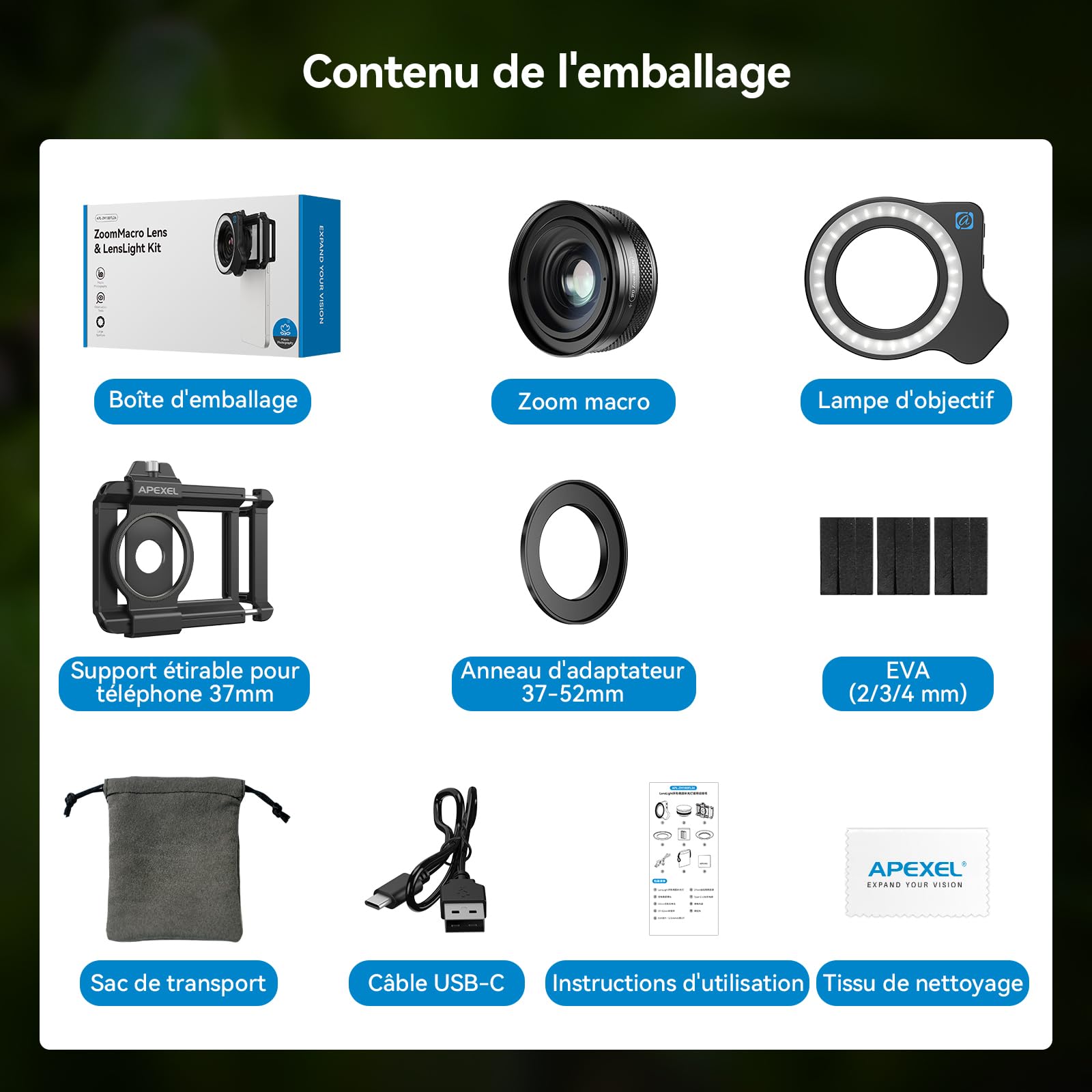 Objectif Macro APEXEL 10-20X pour iPhone et téléphones Android Kit d'objectif Photo HD avec Pince Universelle et lumière d'appoint Capturez des Gros Plans de Natures mortes, Insectes, Plantes, Bijoux