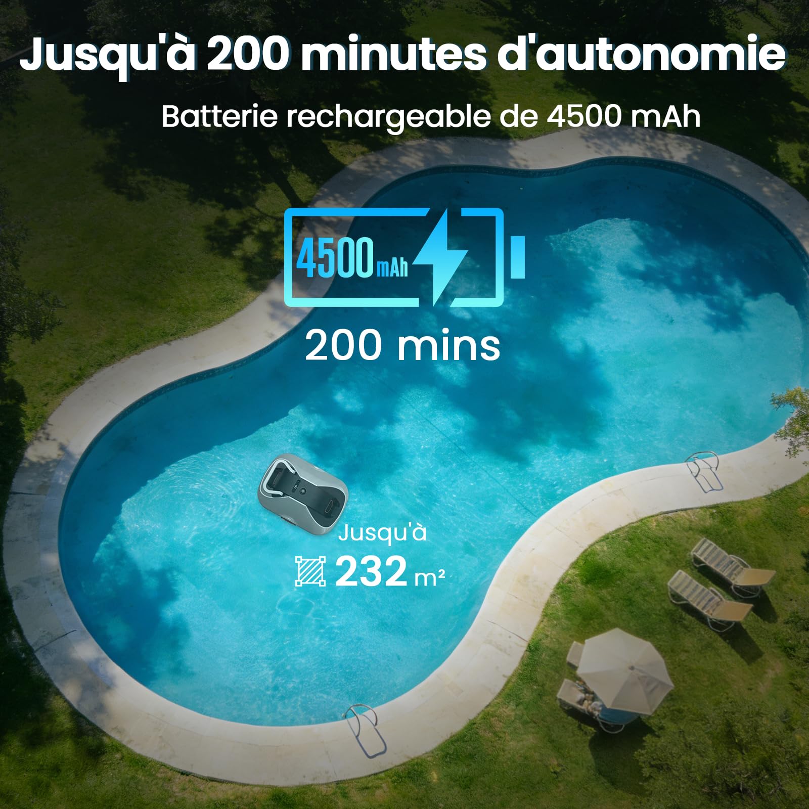 Robot Piscine sans Fil, Robot aspirateur Piscine sans Fil, 200Min d’Autonomie, Retour Automatique, Filtration Ultra-Fine, Navigation Intelligente, Compact et Portable pour Piscines Hors Sol 232 m²