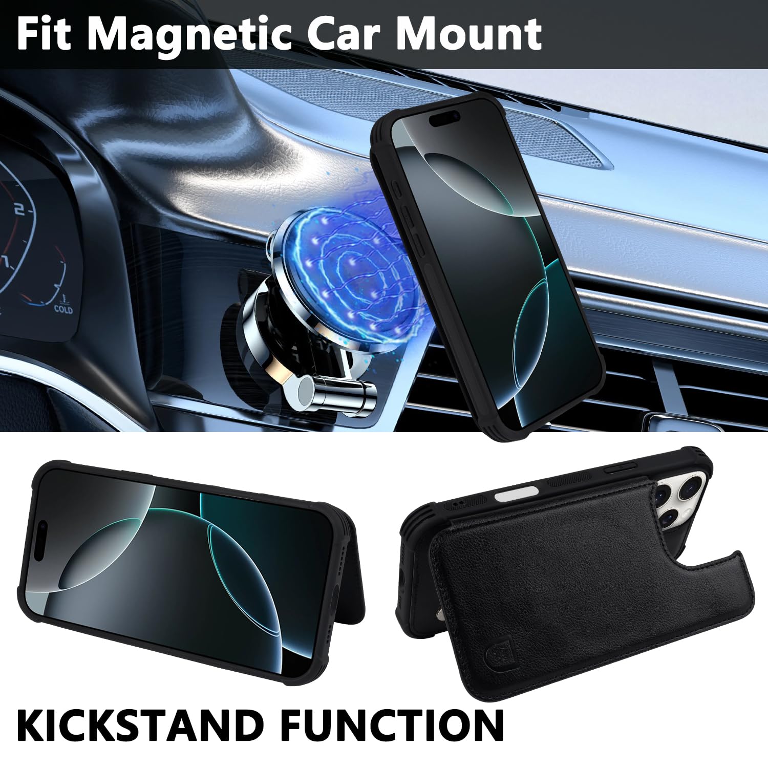 VANAVAGY Compatible for iPhone 16 Pro Wallet Case with Credit Card Holder,Rfid Leather Flip Folio Phone Cover Fits Magnetic Car Mount and Stand with Screen Camera Protector,Black - Image 4