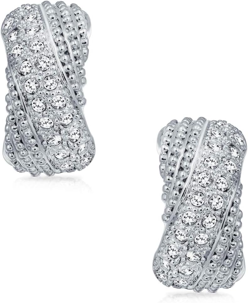 Bridal Prom Criss Cross Twisted Row Pave Crystal Dome Half Hoop Clip On Earrings Non Pierced Ears Silver Plated Brass