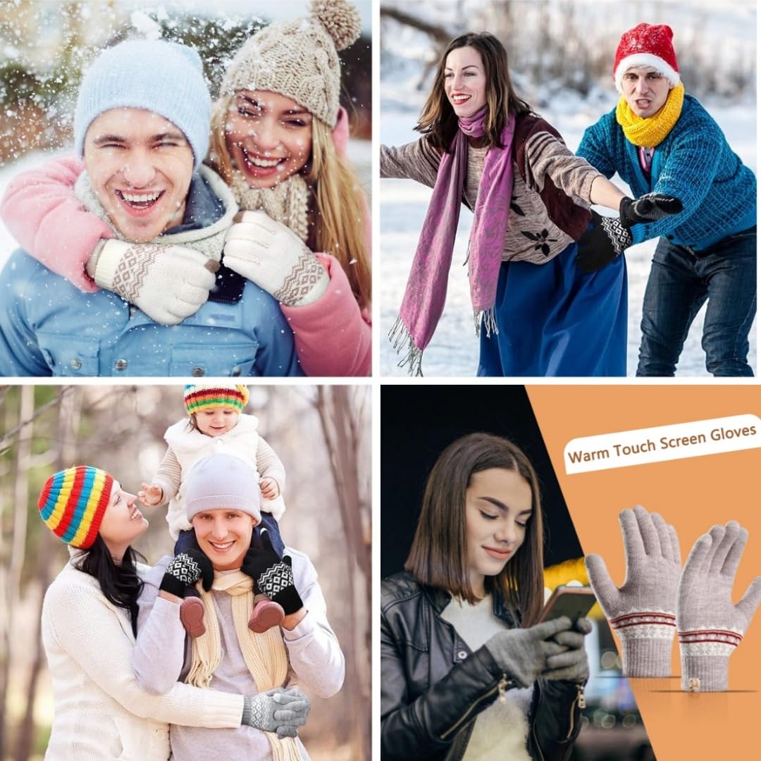 REFFER Women Wool gloves cute Snowflake Pattern Knitted (warm fur inside) stretchy windproof touchscreen finger winter gloves for women girls (Black) 3