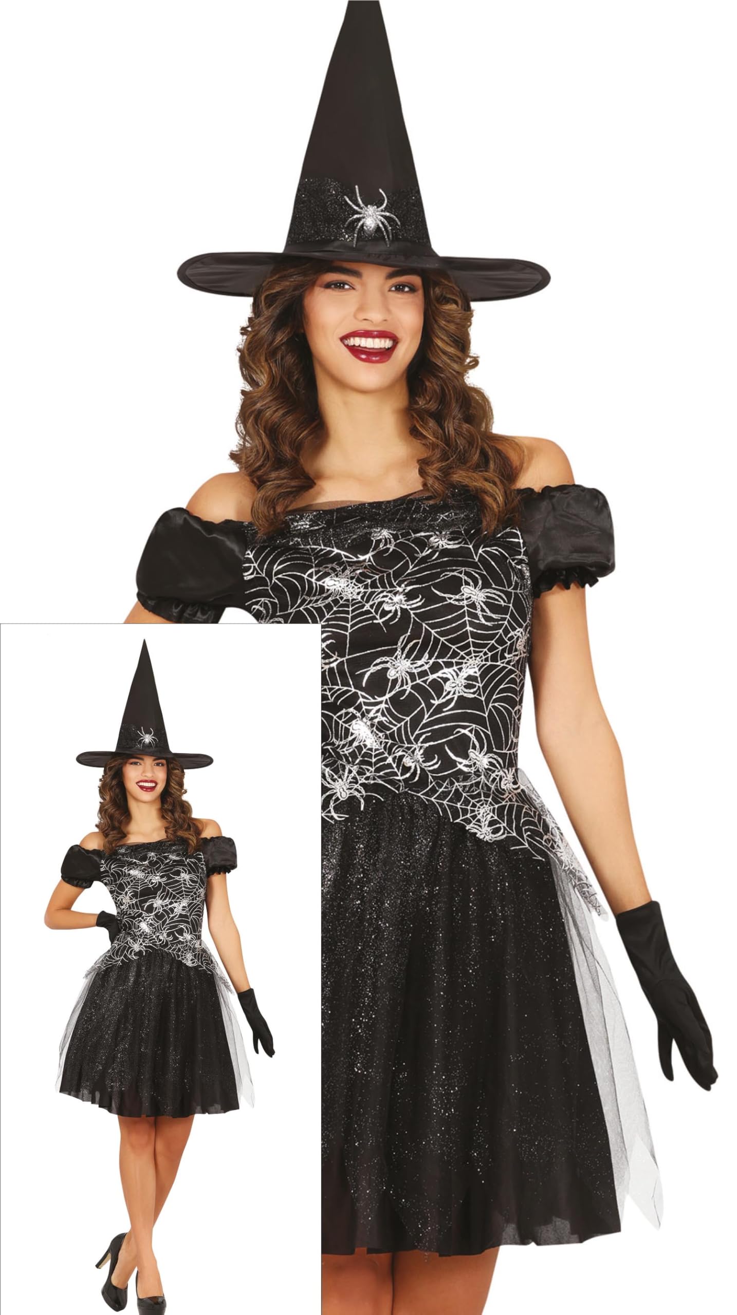 FIESTAS GUIRCA Sparkly Spider Witch Costume for Women - Includes Witch Hat and Black Spider Web Print Witch Dress - Halloween Costumes for Women Size L