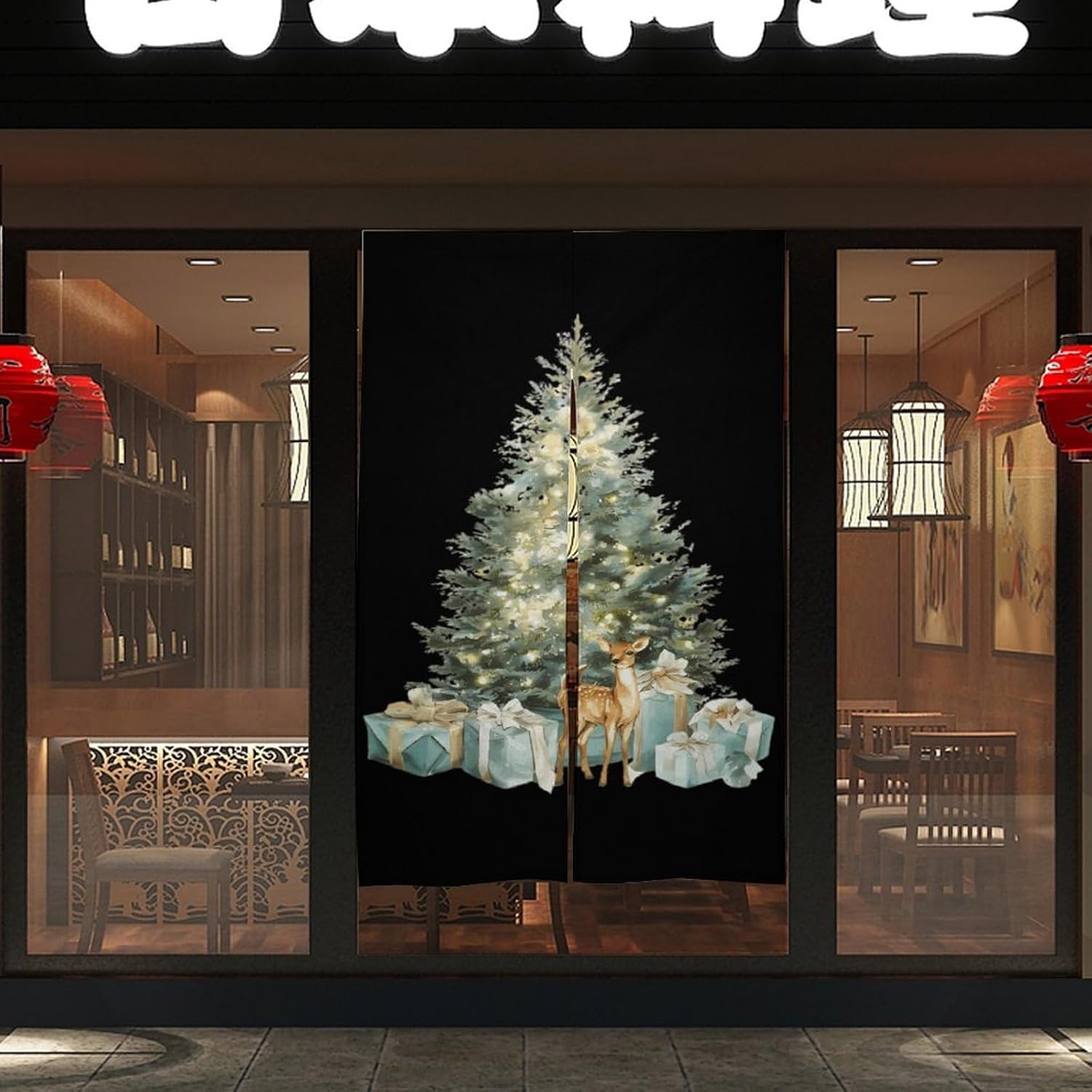 Deers Christmas Tree Doorway Curtain Insulated Room Divider Drapes | white linen,privacy curtains