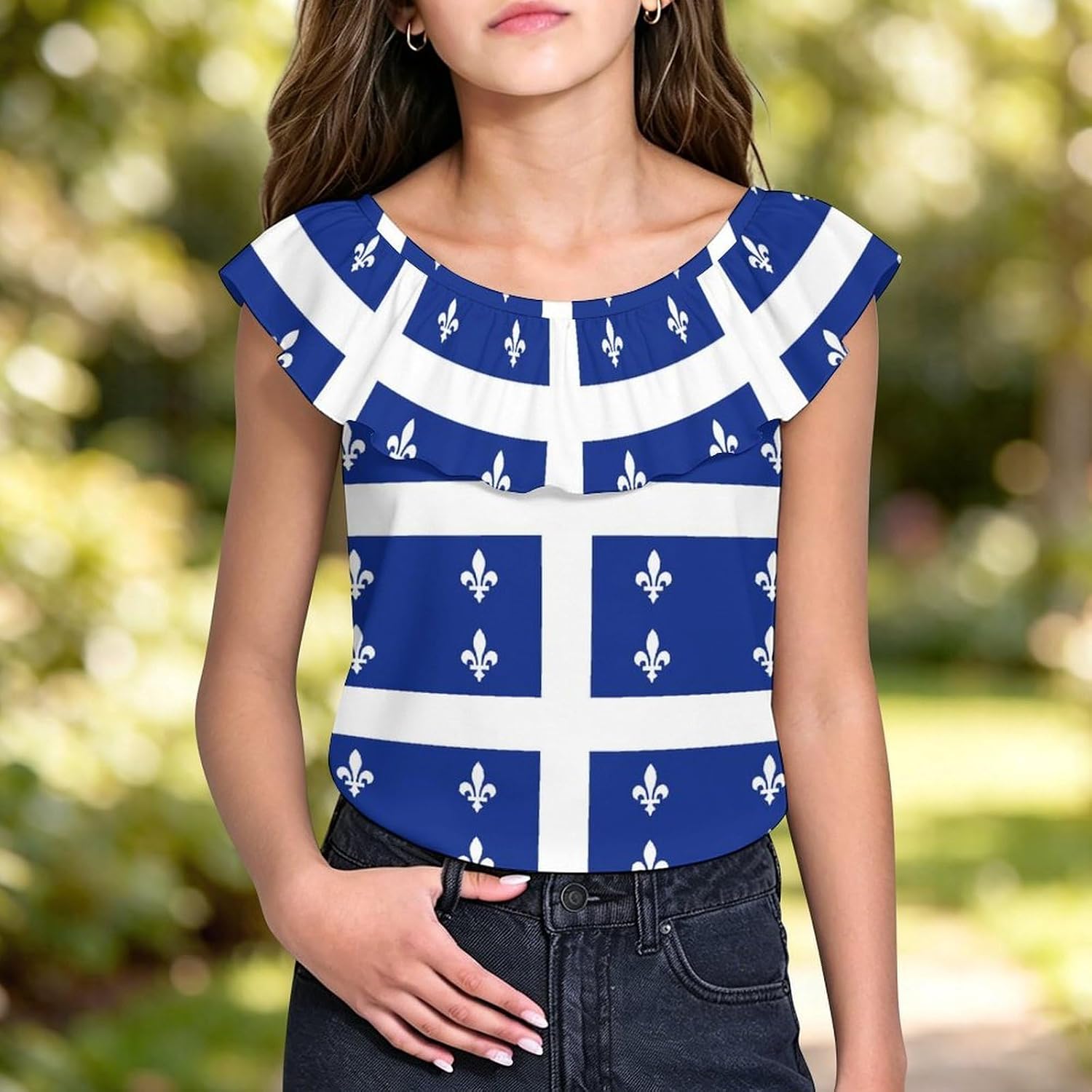 Flag of Quebec Province Canada Girls T-Shirts Top Ruffle Short Sleeve Blouse Casual Graphic Tees