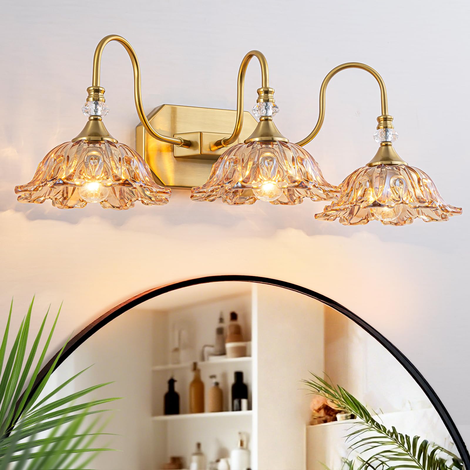 3-Light Vintage Gold Bathroom Vanity Light Fixture, Amber Wall Sconce