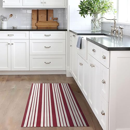 Vista 160 de KILOCOCO Alfombra de rayas beige de 2.3 x 3.6 pies para interiores y exteriores, alfombra tejida a mano de algodón lavable a rayas para puerta Rayas