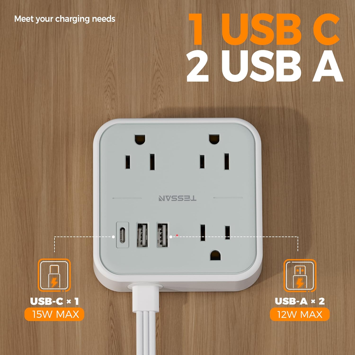 Close-up of TESSAN power strip USB-C and USB-A ports