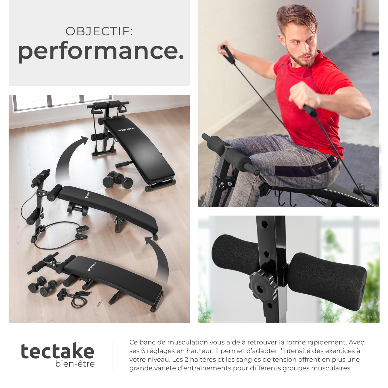 tectake® Banc de musculation pour Abdominaux, 6 niveaux de hauteur réglables, 2 haltères et 2 cordes d’entraînement inclus, Banc abdominaux Sport Musculation maison Fitness Muscu Abdos Home gym