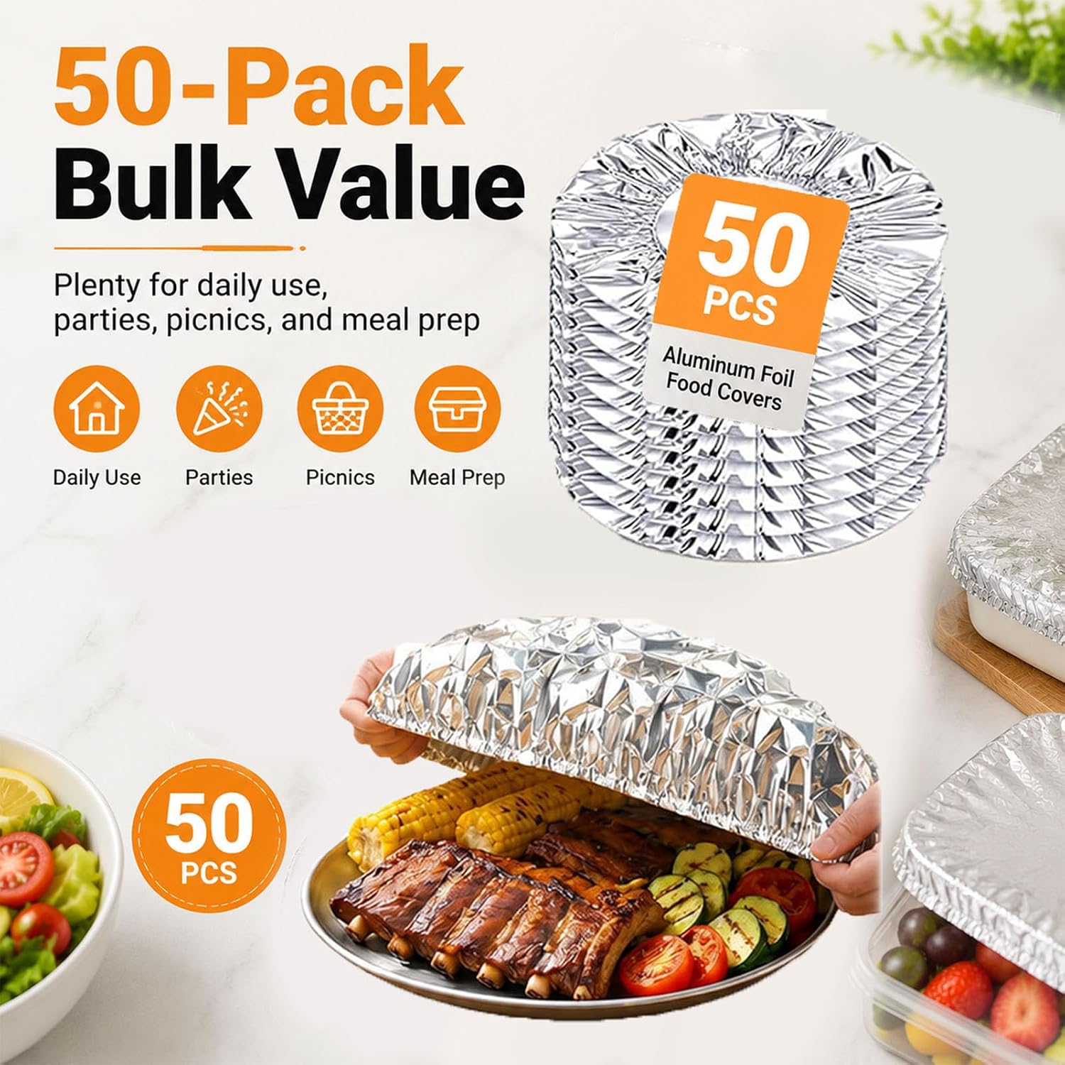 50pcs Reusable Aluminum Foil Food Covers Stretchable Insulation Lids for Plates, Bowls & Containers, Keeps Food Warm & Fresh, Perfect for Kitchen, Parties, Picnics, BBQ