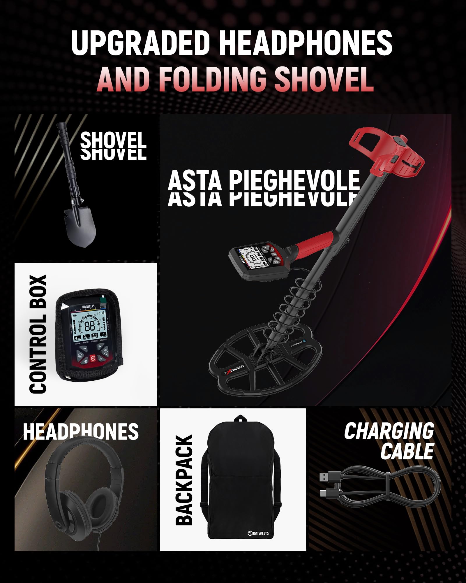 KAIWEETS Metal detector Professionale, 5 Modalità, Bobina DD Impermeabile IP68, Asta Telescopica Compatta, Ricaricabile Detector con LCD Retroilluminato, mit Pala, Cuffie e Copertura Antipioggia