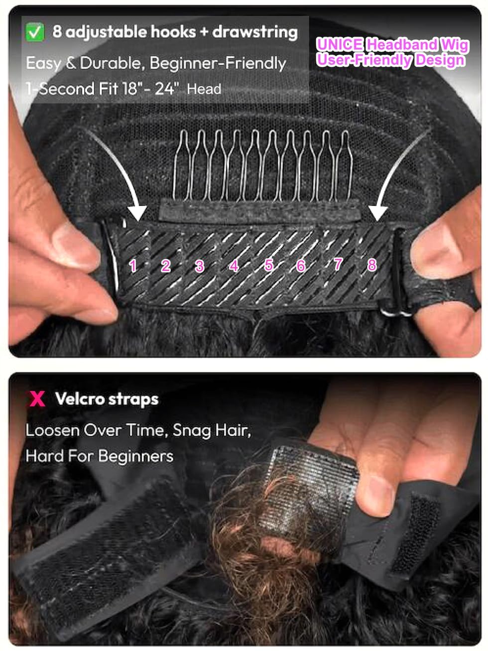 UNICE HookFit Water Wave Headband Wig Human Hair with Drawstring No-Slip Glueless Headband Half Human Hair Wig 150% Density Natural Black 26 inch