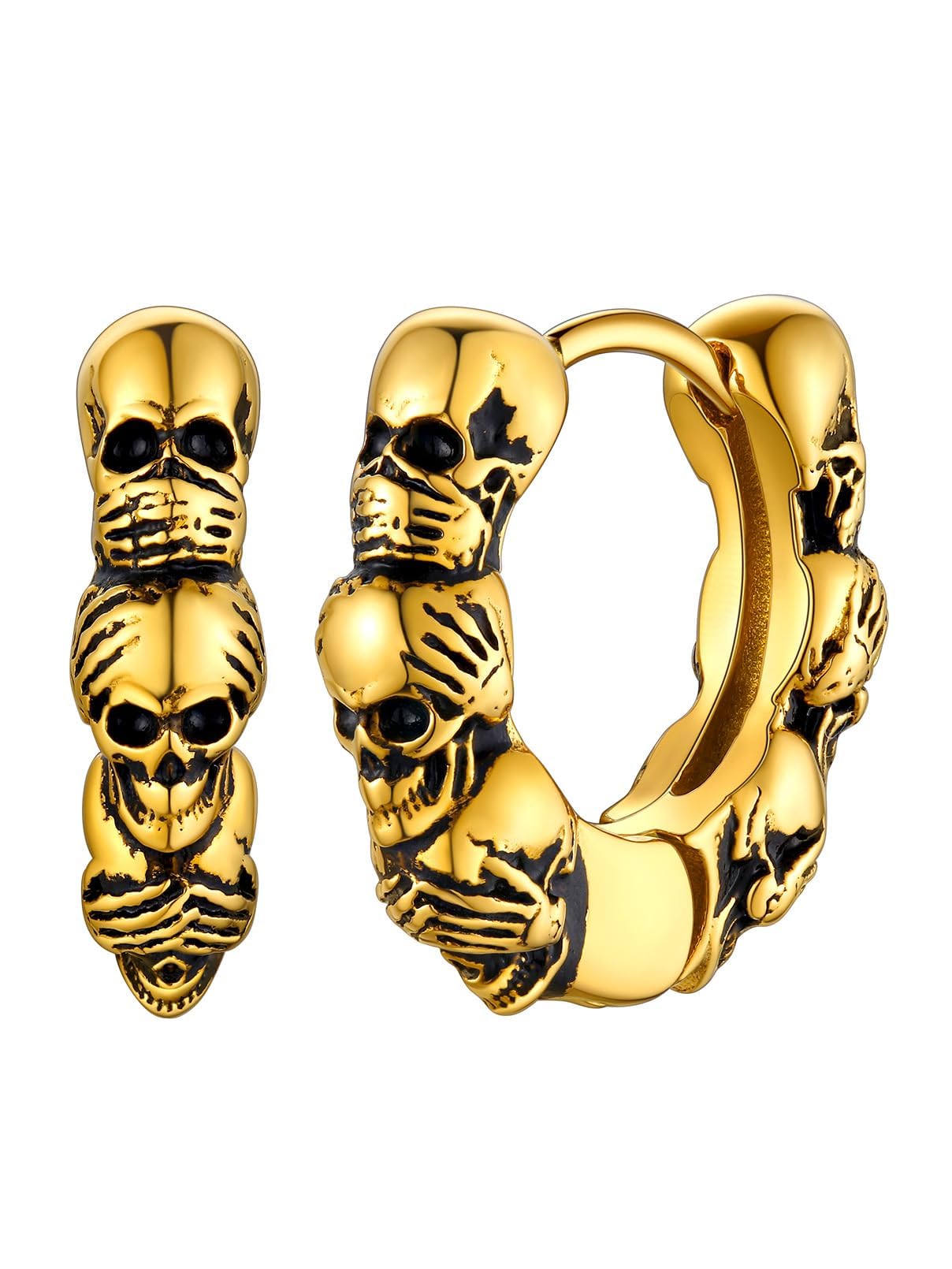 FaithHeart Skull Hoop Earrings for Men Silver/Black/Gold Stainless Steel Huggie Hoop Earrings Lightweight Hypoallergenic Earrings for Sensitive Ears