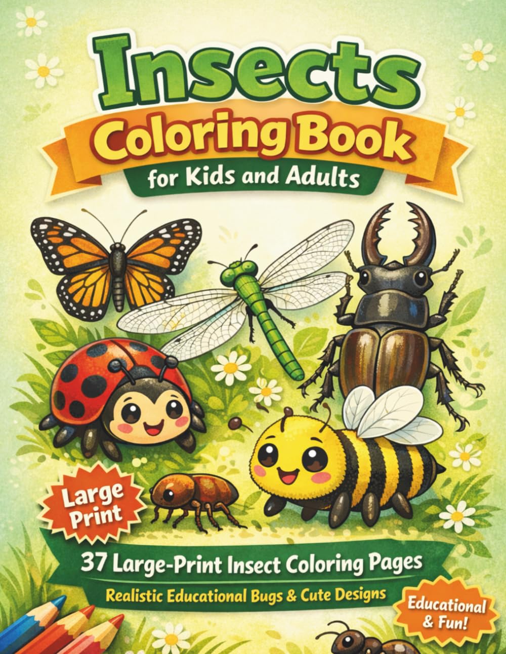 Insects Coloring Book for Kids and Adults: 37 Large-Print Insect Coloring Pages with Realistic Educational Bugs and Cute Designs for Learning, Relaxation & Creativity