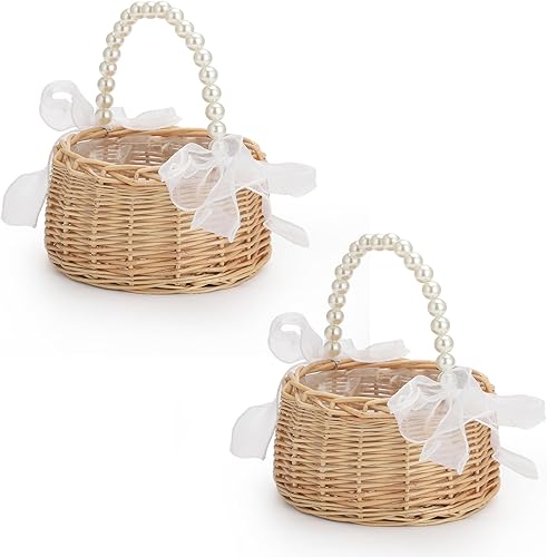 Miniatura 1 de Cesta de mimbre de ratán para niña, cesta rústica para niñas de flores con mango de perlas, cesta de flores pequeña para niñas de flores, cesta de
